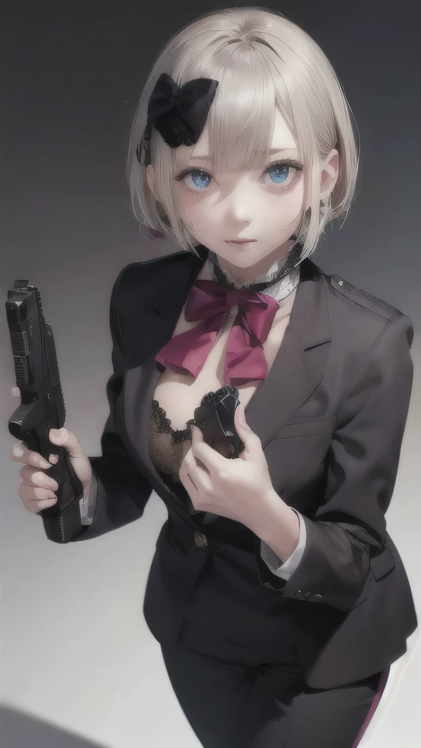 One girl, Multicolored Hair, (Black and gray hair),short hair,Black Suit,Detailed eyes,Heterochromia iridis,Realistic,Hold a silenced handgun