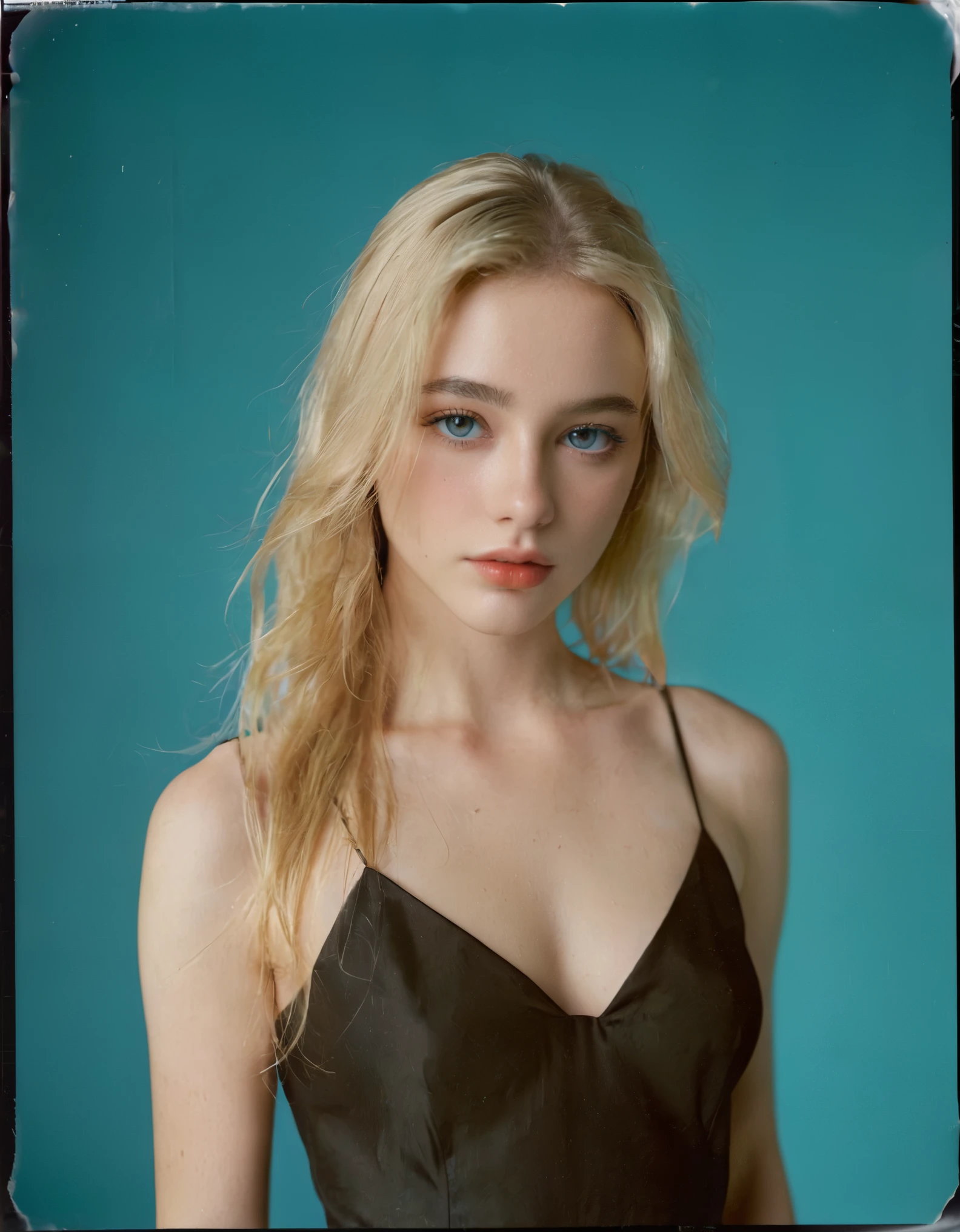 photoshoot, photo studio, RAW photo, editorial photograph, film stock photograph, cinematic, posing, amateur photo, upper body portrait, whole front head photo, analog, raw, f2, 35mm, an (amateur photo), flash photography, taken on an old camera, polaroid, 8k, highly detailed, (high quality, best quality:1.3), Extremely high-resolution, film grain, very long hair, picture of a beautiful young woman, NOT dasha_taran, sfw, ((natural blonde hair)), long (waist-length:1.2) straight blonde hair, ((macro lens)), natural, ((focused on eyes)), blue eyes, black dress, solid pupils, realistic eyes in maximum detail, feminine expressions, photography, dslr, 35mm, Fujifilm Superia Premium 400, Nikon D850 film stock photograph, Kodak Portra 400 f1.6 lens, 8k, UHD, realistic skin, well cared skin, skin pores, closed mouth, fine small lips, facial symmetry, perfectly detailed face,