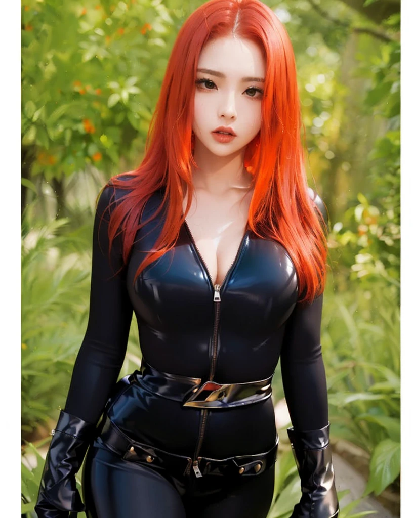 The image portrays a girl with red hair. She is dressed in a sleek skin-tight shiny black latex bodysuit with a deep-cut zipper neckline revealing a large chest, black wrist guard, and a black belt. The woman is standing in an environment characterized by the presence of green plants.