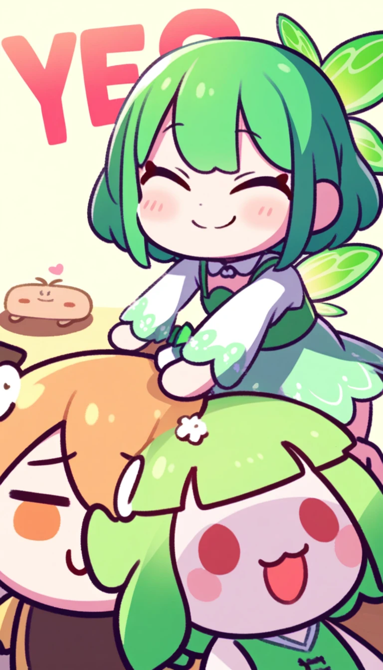 fairy girl, shady, green fairy, smol, cute, kawaii, happy, yes, smirking, cocky 