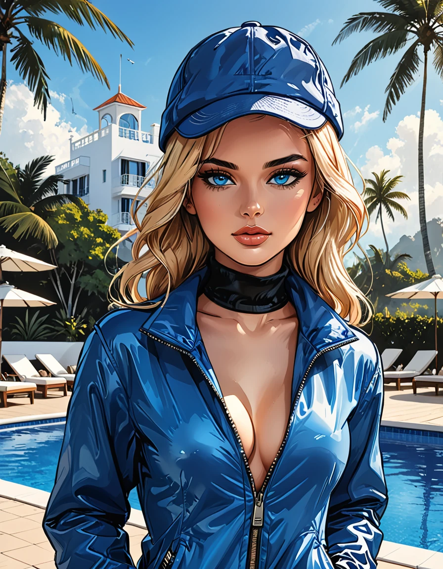 (((girl in Blue zipped up down winter jacket and black turtleneck )) and levis (jeans) and blue gloves and (((blue winter hat)))) walking against the backdrop of a white hotel in the tropics,outside, sun lounger, white hotel, swimming pool,adult, [Nordic],  perfect Olive skin, Oval Face, Rounded shoulders, (Short blonde Waves hair), snub nose, Arched eyebrows, ((Monolid blue Eyes)), High Round Narrow cheekbones, Dimpled Cheeks, Rounded Chin, Rounded Jawline, Full nude Lips, (blue eyes), Nude Makeup Look, long eyelashes,  graphic style of novel comics, perfect hands, 2d, 8k, hyperrealism, masterpiece, high resolution, best quality, ultra-detailed, super realistic, Hyperrealistic art, high-quality, ultra high res, highest detailed, lot of details, Extremely high-resolution details, incredibly lifelike, soft cinematic light,
