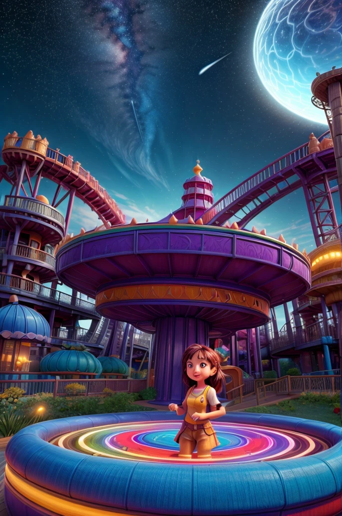 an amusement park in a spiritual dimension, overlooking the universe, a woman playing on the large circle-shaped slide with colored water on the slide, imagine a realistic view from the top of a roller coaster overlooking the night sky, colored water