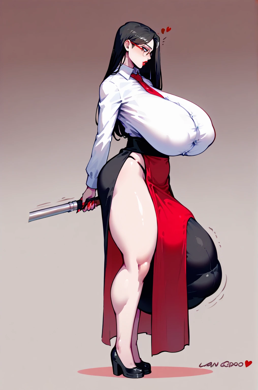 score_9,score_8_up,score_7_up, score_9,score_8_up,score_7_up, solo, ((full body)), ((lady secretary becoming futanari)), (eyes looking down at her own schlong), ((black pelvic curtain skirt)), thong, hair covering one eye, glasses, expressive, dynamic, thick full red lips, bimbo lips, pouted lips, squinting eyes, seductive, alluring, sexy, ((pleasingly aroused)), head looking down, huge breasts, sagging breasts, wide hips, thick thighs, detailed background, ((NSFW)),((gigantic growing futa bulge)), long futa, (pulsing futa), ((expanding futa)), ((profile side)), ((long hidden schlong)), ((schlong erection:0.5)) ((schlong growing up:0.5)), ((schlong growing longer and longer))