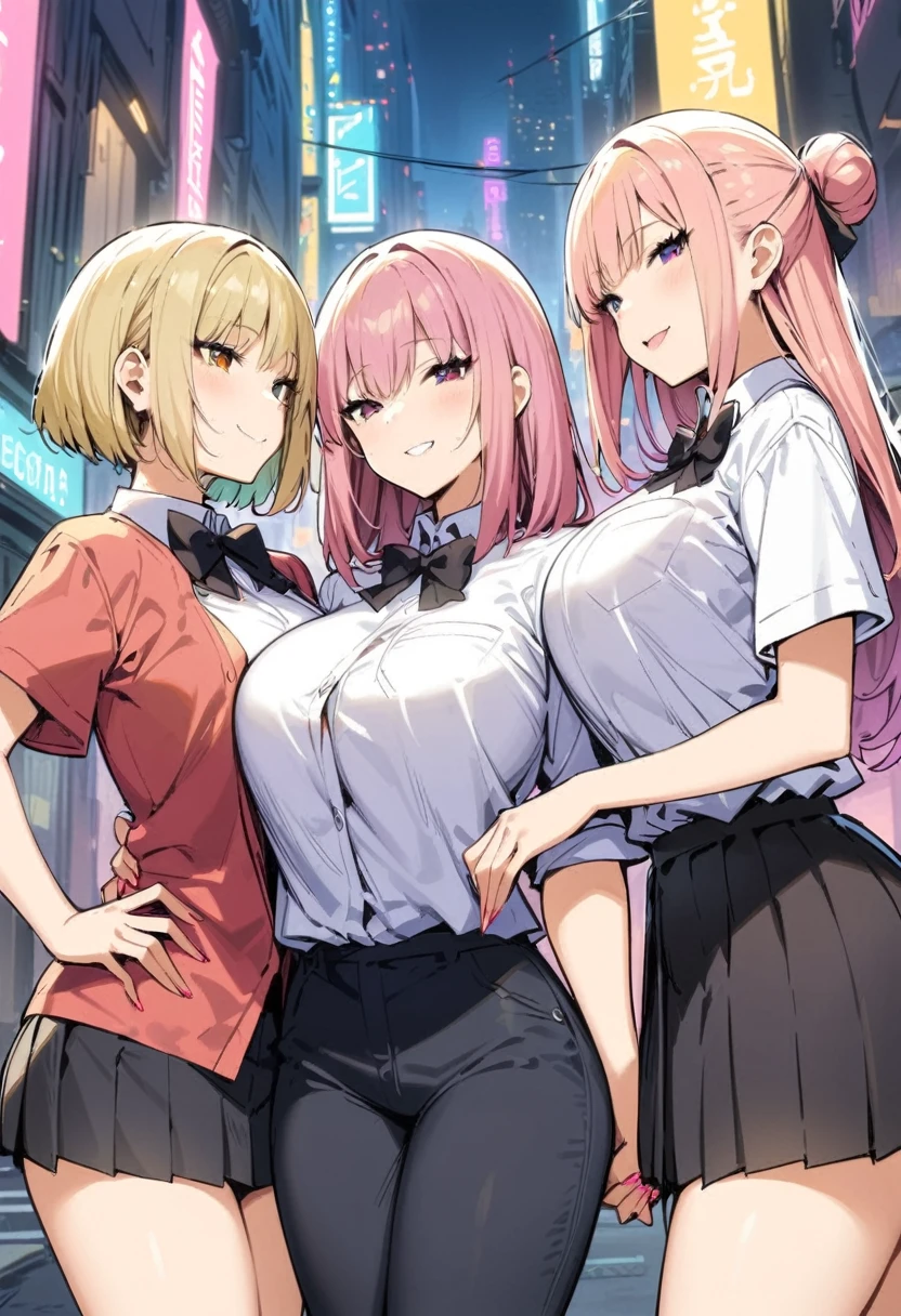 Cyberpunk City, street, night, Neon lights, Neon lights, masterpiece, best quality, high resolution, JK,Huge ,3 girls,black bow,black bowtie,Blonde Hair,bow,bowtie,breast,Hair Bun,Holding Hands,Fingers crossed,Long hair,Looking at the audience,Multiple girls,Pink Hair,pleated skirt,Tuck your shirt into your pants,short hair,skirt,Smile,Tent Shirt