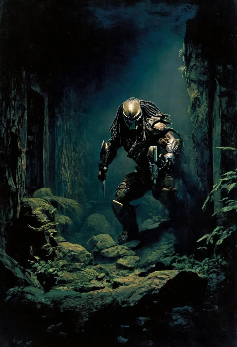 Predator . night room, dark room, completely darkened room, grainy, eerie environment. strange surrealism. creepypasta is scary. style by frank frazetta, pino denis, charlie bowett, albert joseph penaud, ray caesar, tetsuya ishida. dariusz zawadsky. tetsuya ishida. zdzislaw beksinski. sven 37.