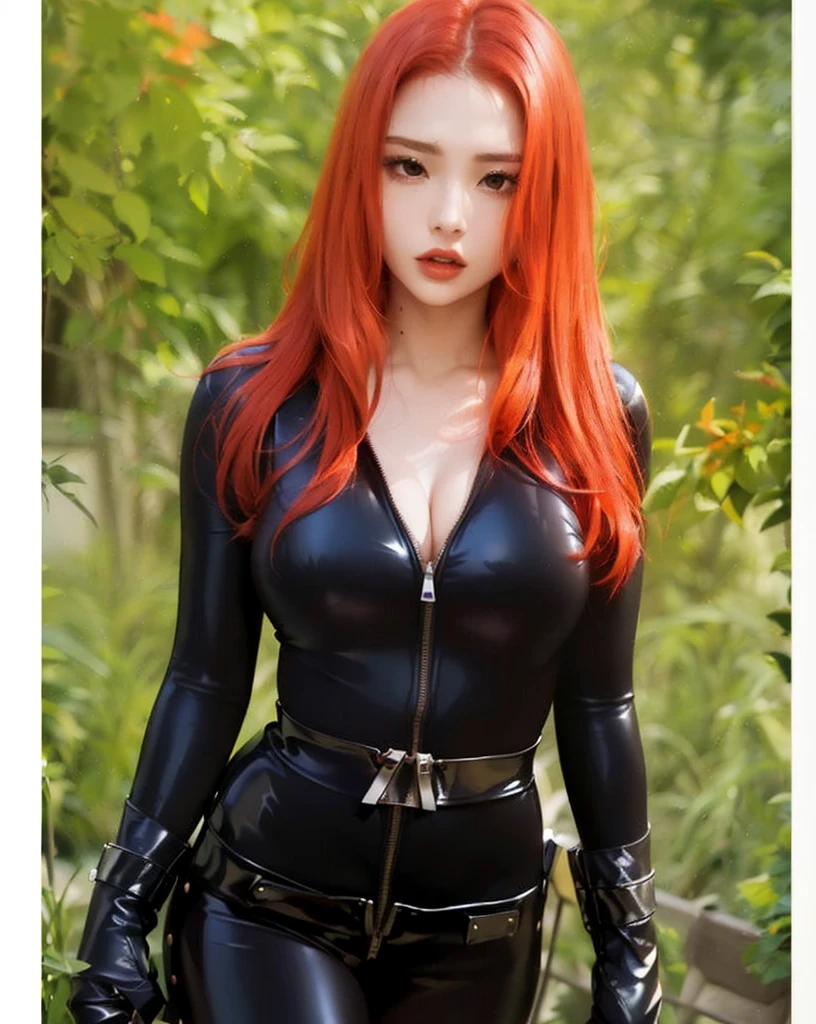 The image portrays a girl with red hair. She is dressed in a sleek skin-tight shiny black latex bodysuit with a deep-cut zipper neckline revealing a large chest, a silver zipper running down the front, black wrist guard, and a black belt. The woman is standing in an environment characterized by the presence of green plants.