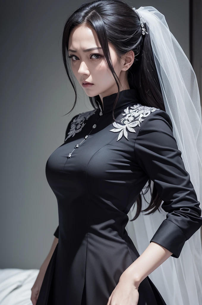 (masterpiece), best quality, expressive eyes, perfect face.Maki zenin from jujutsu kaisen wearing a wedding outfit with an angry expression