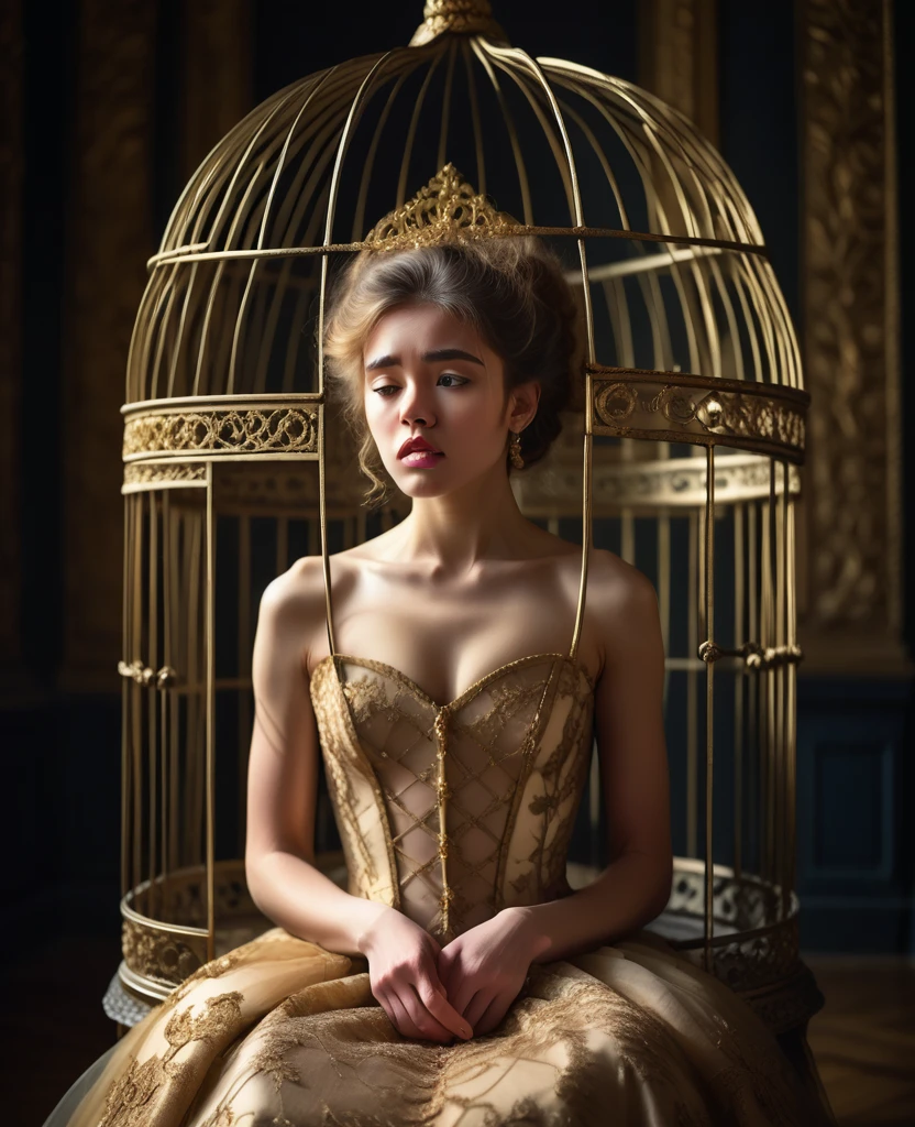 a girl wearing a beautiful ornate gown, trapped inside a highly detailed ornate gold birdcage, elegant detailed expression, dramatic lighting, cinematic, intricate details, baroque, dramatic colors, chiaroscuro