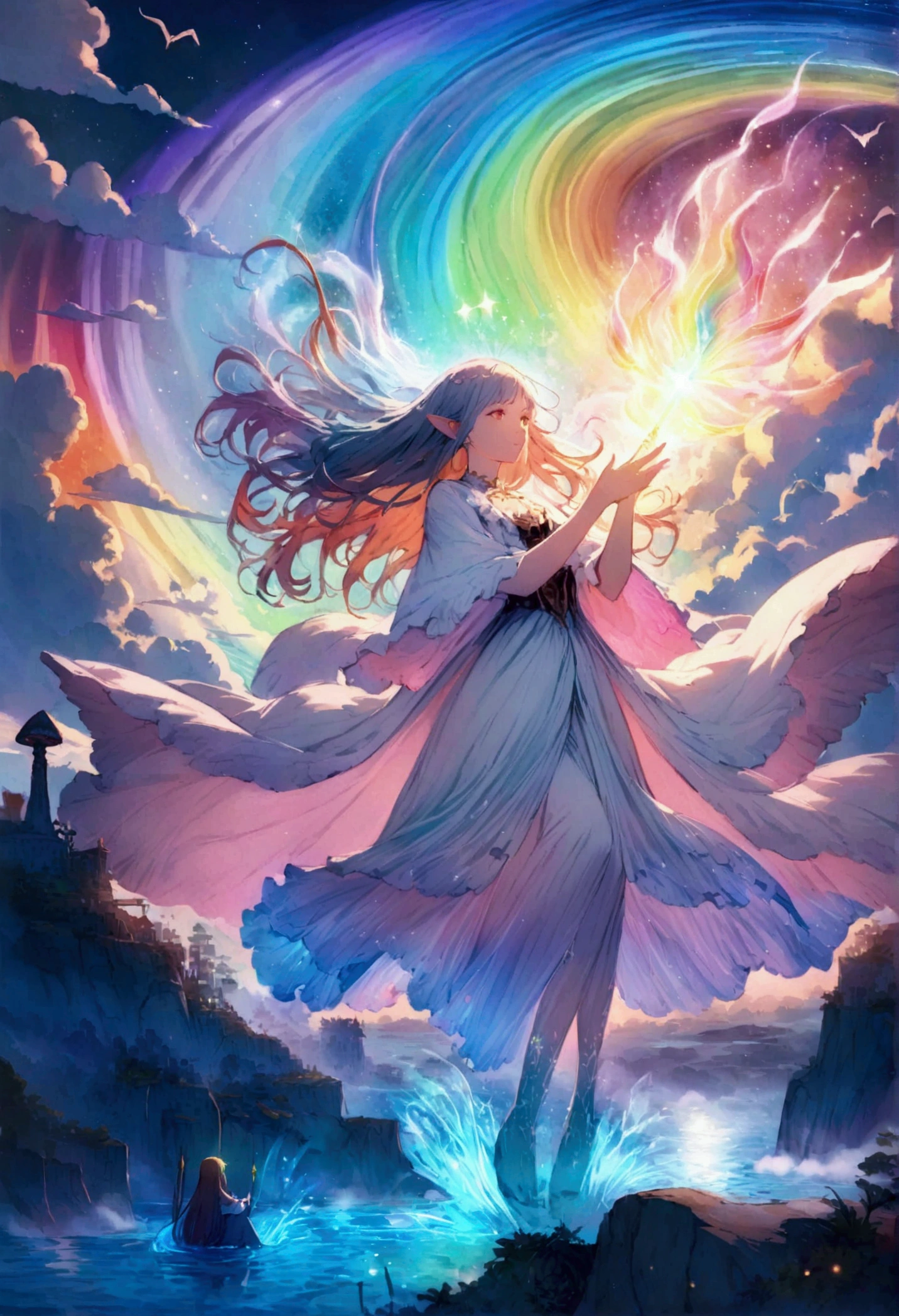 Girl casting a mysterious glowing spell, ((Fantasy rainbow ocean)), Vibrant colors, Ethereal Light, Detailed bubbles, Magical atmosphere, Stunning scenery, Dreamy atmosphere, shiny, Flowing robe, A bit magical, Ethereal creatures, ((Sparkling waves)), Mysterious symbols, Surreal beauty, mist, There'The air feels charged with magic, Fascinating moments,Mysterious atmosphere, Bizarre creatures, Full of charm, Fairy, Supernatural powers, Fantasy realm