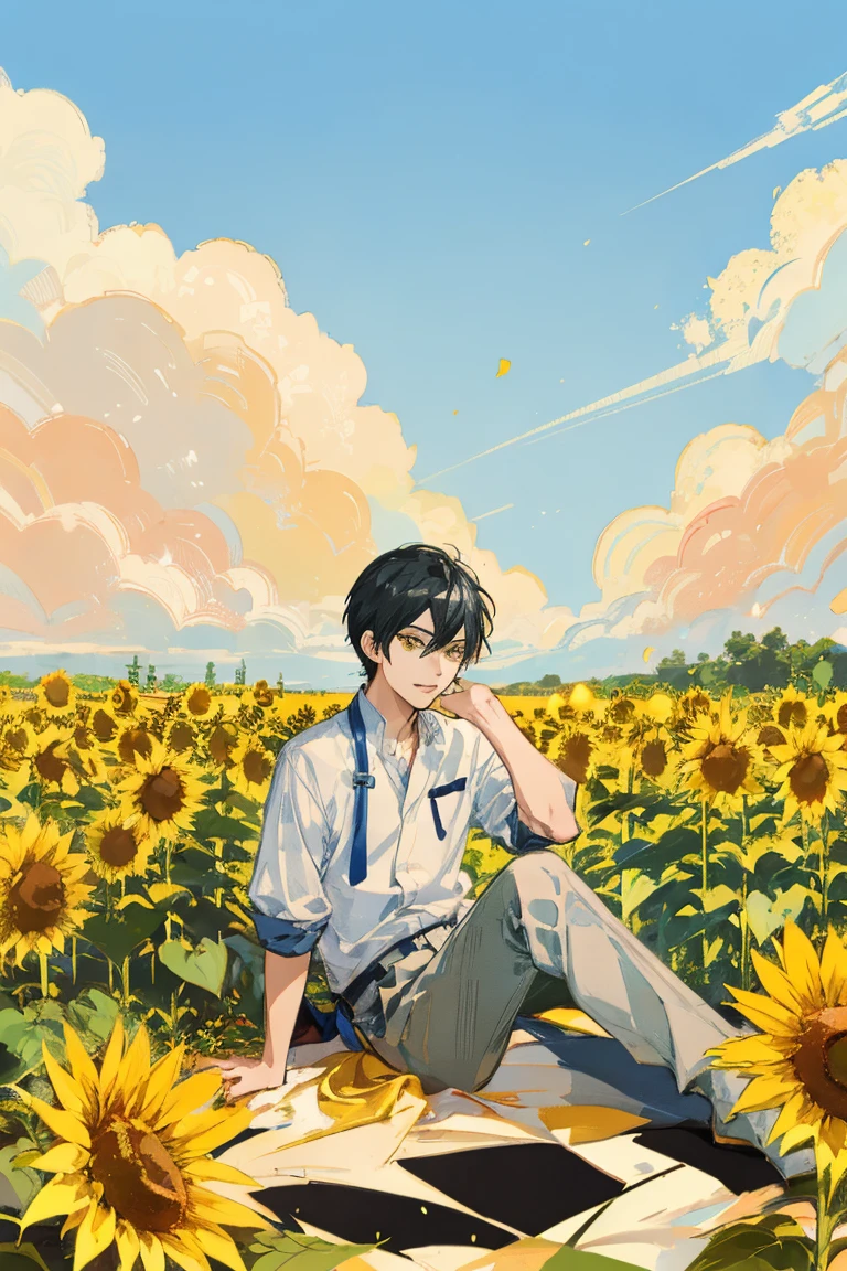 Painting of a boy sitting in a flower bed, 1boy, coronation of Prince of Flowers, Official Anime Artwork, Prince of Flowers, scene : Sunflower field, scene: Sunflower field, bright summer day, Poster ; summer, Official artwork, Yellow sunshine, shigenori soejima illustration, Beautiful sunflower anime girl, Anime Cover, Bright sunny day