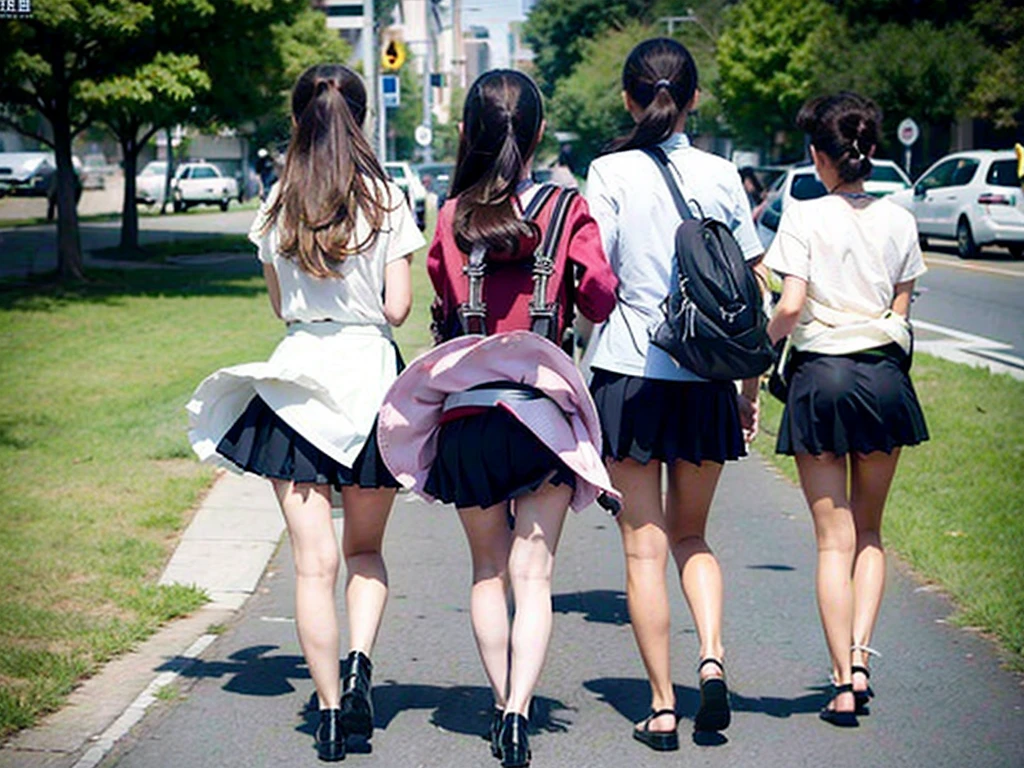 (NSFW)、Group of schoolgirls in the same uniform in skirts walk together、Japanese,top-quality、masutepiece、from behind、Angle of incitement、Zoom west only:1.2、Fetish|hip、BREAK(up skirt、Immaculate animated skins、small hips | ultra beautiful、no panties)、17 year old、heavy wind