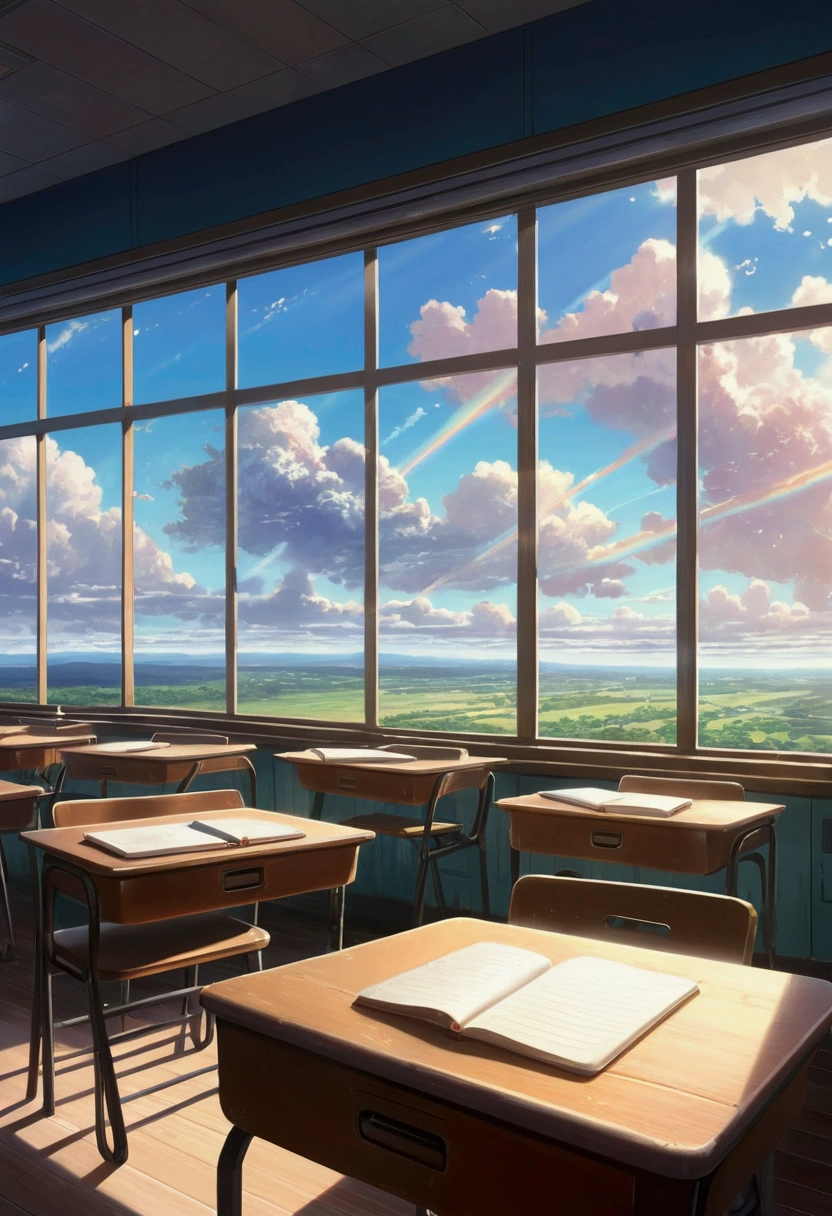 Landscape in Makoto Shinkai animation style, very realistic iridescent clouds through classroom window, shining sunlight, rows of desks, notebooks on desks, curtains swaying in the wind, nostalgic atmosphere, blackboard with chalk eraser marks, dreamy romantic scene, high detail, vivid colors, Makoto Shinkai Style