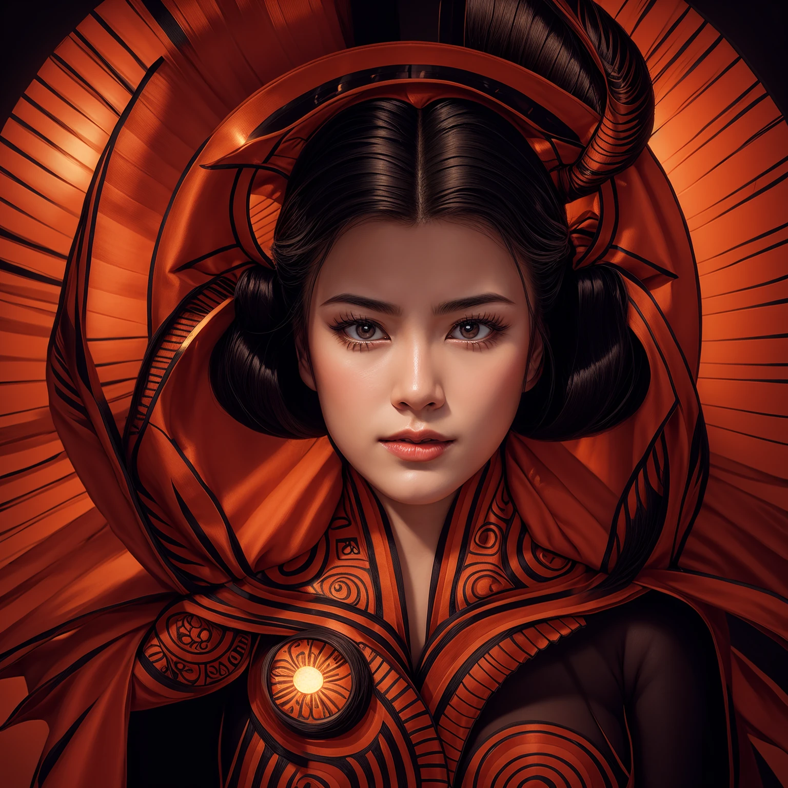A beautiful Asian woman, fleshy lips, full breasts, silky skin, gorgeous eyes, Bblack hair, topless, wearing a dragon tattoo from chest to neck, with a red sun in the background, hyperrealistic art, photorealistic art of intricate details, Japanese Tribal Goddess, beautiful realistic digital art, very realistic beauty geisha art.