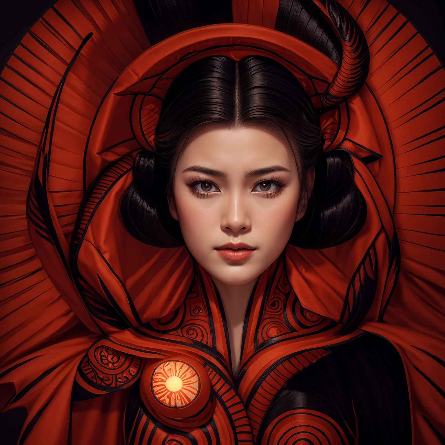 A beautiful Asian woman, fleshy lips, full breasts, silky skin, gorgeous eyes, Bblack hair, topless, wearing a dragon tattoo from chest to neck, with a red sun in the background, hyperrealistic art, photorealistic art of intricate details, Japanese Tribal Goddess, beautiful realistic digital art, very realistic beauty geisha art.