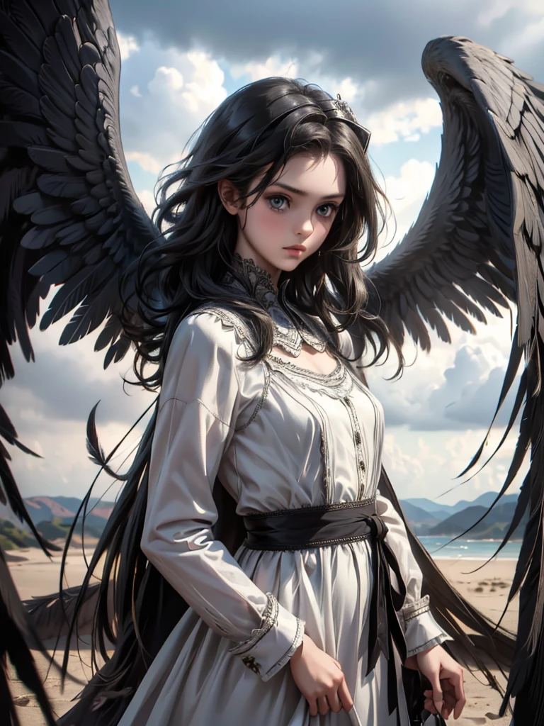 masterpiece, Angel Girl, young，************，Brunette with wings, White dress with feathers, Close-up portrait, Delicate face, Lots of black feathers, silver，Black Wings