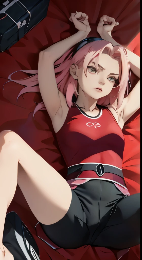 masterpiece， Best quality at its best， 1 girl，(open waist:1.5) ，Sakura Haruno，red clothes ，（split)，lying on his back , full length,raised sexy，angry，with pink hair， long pink hair， （Green Eyeballs:1.4)， Forehead Protection ,tight black glossy bicycle shorts, knees bent, view from above, the back is arched back, legs spread wide, hands raised up and tied with rope, full length, соски просвечивают
