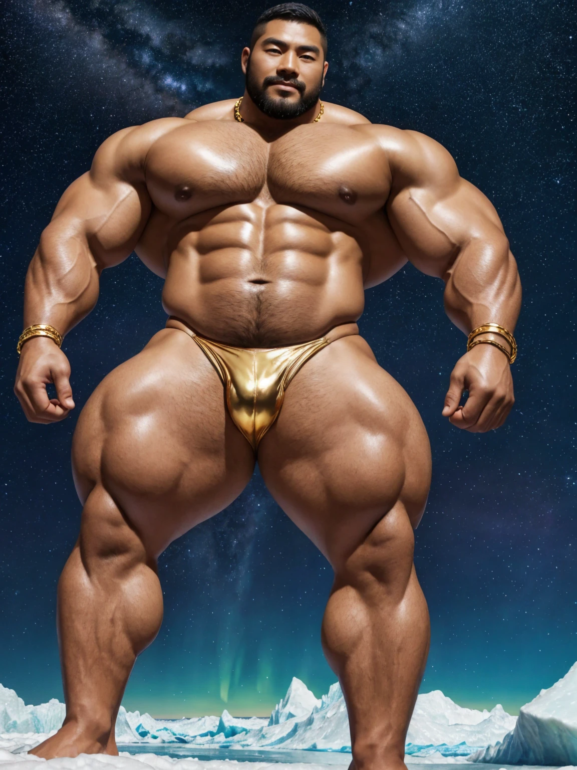 There is only one handsome Chinese man in the photo,35 years old,tall, Fitness,Smooth body,Smooth skin,No chest hair,short hair, O-Shaped Beard,Perfect body, Dark skin color,Radiant Skin,Smooth skin,Shiny, shiny skin,Smooth pectoral muscles,Muscle bulge, muscular, Very large pectoral muscles,Very y abdominal muscles,Very well-developed leg muscles,Huge concave and convex area,Brightens oily skin,Wearing a shiny gold leather thong,Handsome face,Normal human toes,Correct and accurate male body proportions,Gold Collar,Gold bracelet,Gold anklets,Stand on a glacier,Night sky,A sky full of stars,There are auroras,Colorful,Charming dream scene,Epic。