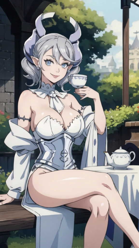 Beautiful arts wallpaper morning Outside castle top  High level image quality　best image quality　8K　 adult woman      more colors   whole body view　portrait　 wearing pure white bikini  　white horn    ears  　short hair（（shortcut）（gray hair）（perm）（fluffy））　eye color is blue ,  　attractive evil face , smile   ,  sitting in the garden, table with cups of tea, servents around her    ,  labrynth      , crossed legs,  
