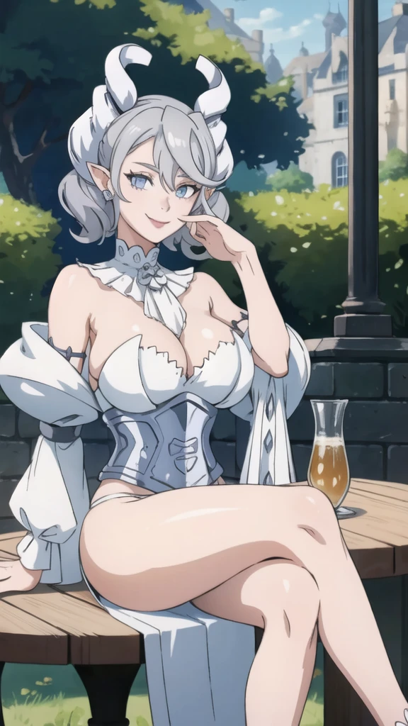 Beautiful arts wallpaper morning Outside castle top High level image quality best image quality 8K adult woman more colors whole body view portrait wearing pure white bikini white horn ears short hair((shortcut)(gray hair)(perm)(fluffy)) eye color is blue , attractive evil face , smile , sitting in the garden, table with cups of tea, servents around her , labrynth , crossed legs,