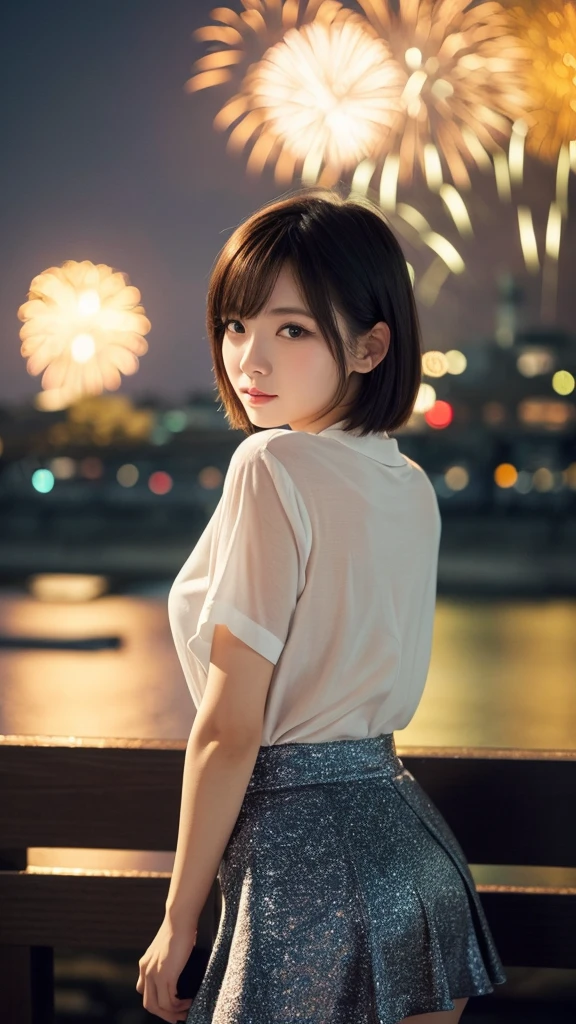 Have short hair、Very Beautiful Japan Woman。She is wearing a skirt、Has striking bluish-black eyes。The background is the seaside at night、Watching fireworks。
The image style is realistic.、It adds a touch of glamour.。