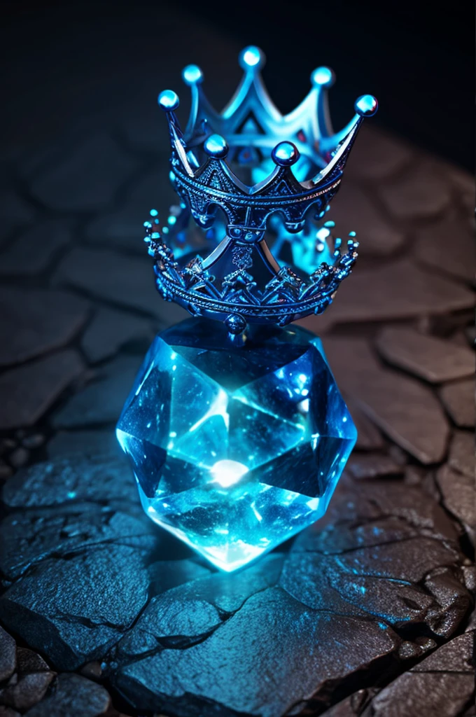 glowing blue magic crown on a stone pedastal, hyperrealism, digital painting, fantasy art, dungeons and dragons, magic the gathering
