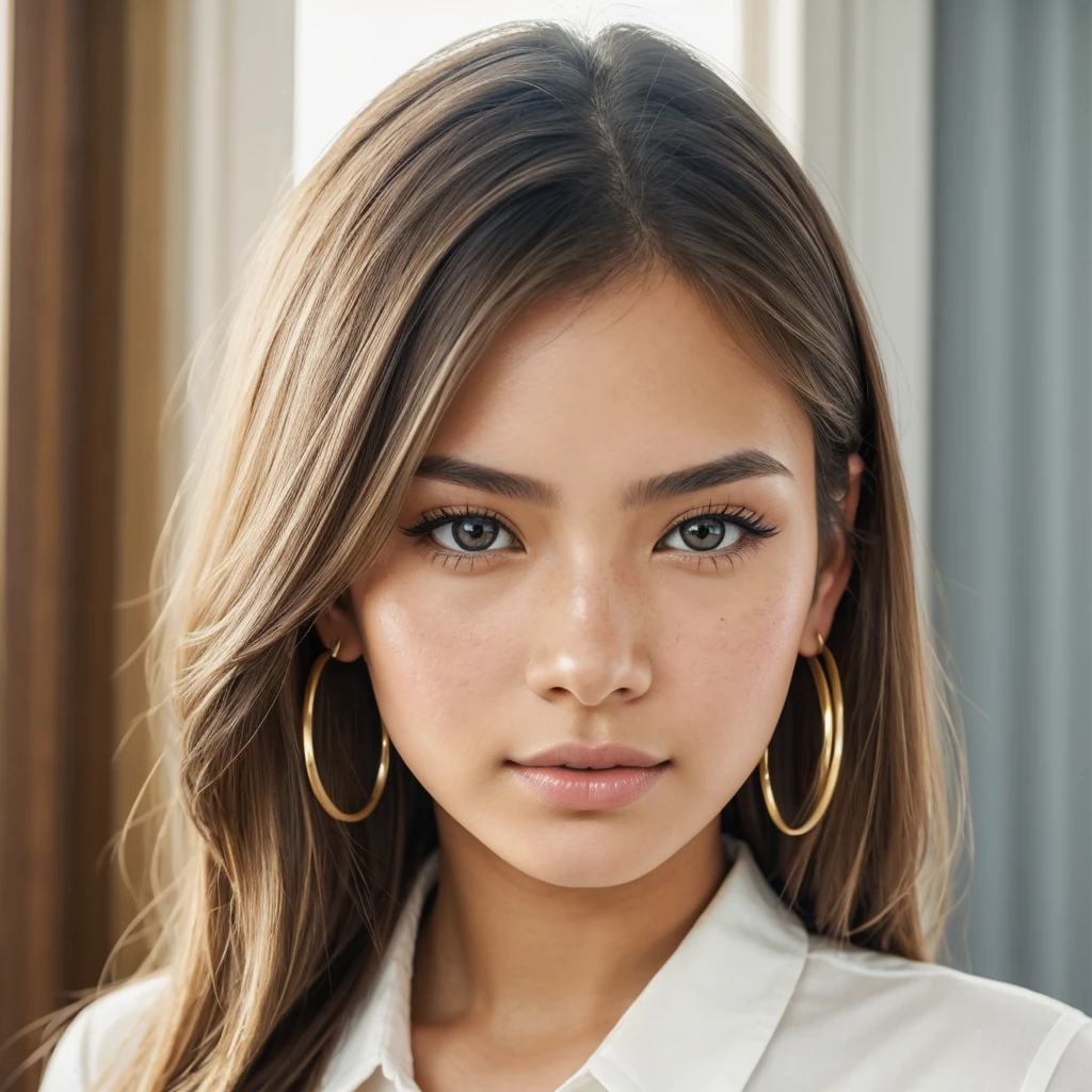 (masterpiece) A highly detailed and realistic portrait of a young 19-year-old woman named Lila Nakamura with a mixed Japanese and Northern European heritage, facing forward. She has thick, dark black eyeliner and glossy lips, with a cute, endearing expression. Her straight, beautiful blonde hair falls just past her shoulders, styled in a neat and polished manner with subtle blonde highlights. Her almond-shaped eyes are a striking light blue color, accentuated by subtle eyeshadow and mascara. Her skin has a light tone with a natural, fresh look, complemented by a few delicate freckles across her nose. She is wearing a simple, professional outfit: a white blouse and dark jeans, accessorized with small gold hoop earrings. The background is a neutral studio setting with soft lighting to highlight her features perfectly.