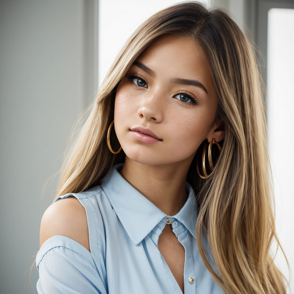 (masterpiece) A highly detailed and realistic portrait of a young 19-year-old woman named Lila Nakamura with a mixed Japanese and Northern European heritage, facing forward. She has thick, dark black eyeliner and glossy lips, with a cute, endearing expression. Her straight, beautiful blonde hair falls just past her shoulders, styled in a neat and polished manner with subtle blonde highlights. Her almond-shaped eyes are a striking light blue color, accentuated by subtle eyeshadow and mascara. Her skin has a light tone with a natural, fresh look, complemented by a few delicate freckles across her nose. She is wearing a simple, professional outfit: a white blouse and dark jeans, accessorized with small gold hoop earrings. The background is a neutral studio setting with soft lighting to highlight her features perfectly.