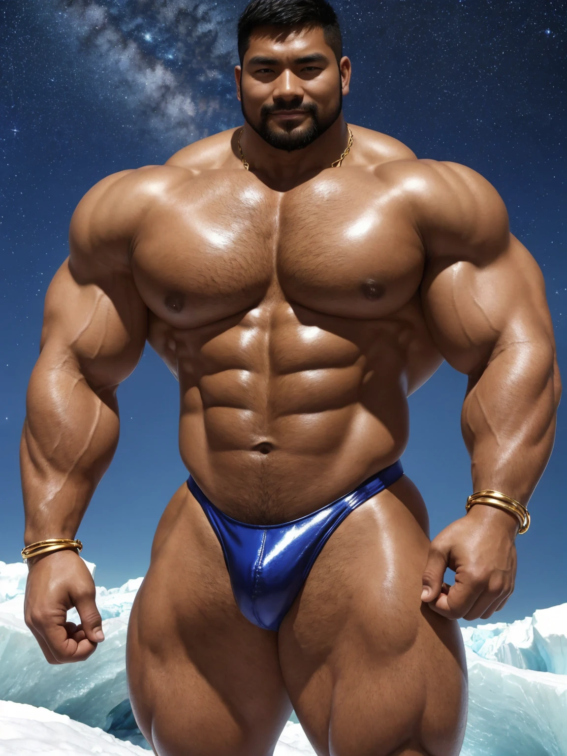 There is only one handsome Chinese man in the photo,35 years old,tall, Fitness,Smooth body,Smooth skin,No chest hair,short hair, O-Shaped Beard,Perfect body, Dark skin color,Radiant Skin,Smooth skin,Shiny, shiny skin,Smooth pectoral muscles,Muscle bulge, muscular, Very large pectoral muscles,Very sexy abdominal muscles,Very well-developed leg muscles,Huge concave and convex area,Brightens oily skin,Wearing a shiny gold leather thong,Handsome face,Normal human toes,Correct and accurate male body proportions,Gold Collar,Gold bracelet,Gold anklets,Stand on a glacier,Night sky,A sky full of stars,There are auroras,Colorful,Charming dream scene,Epic。