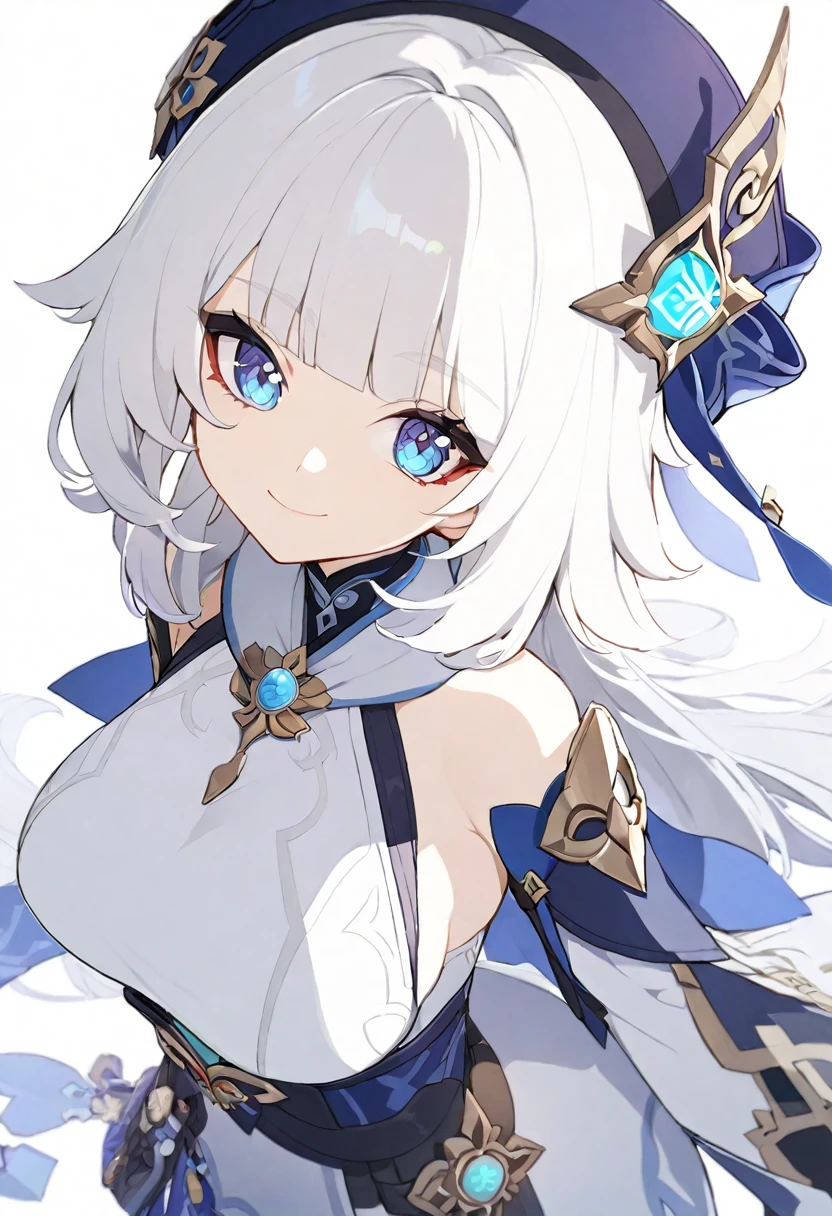 1girl, solo, white hair, blue eyes, standing, white background, , looking at viewer, smile, blunt bangs, looking at viewer, closed mouth, genshin impact clothes, large breast,