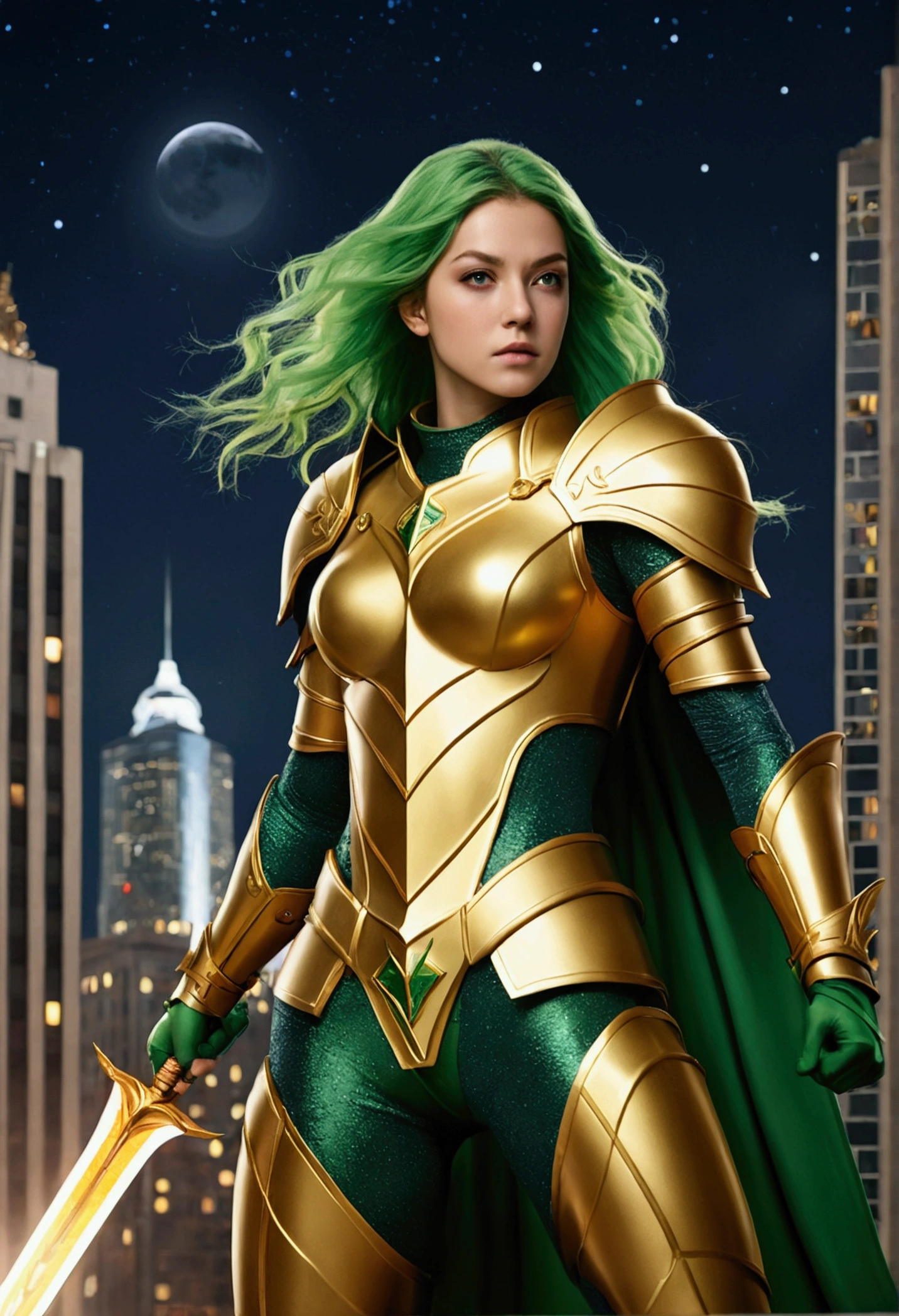 (Masterpiece, 4k resolution, ultra-realistic, very detailed), (Theme of knights of the zodiac, charismatic, there is a girl at the top of the city, wearing a golden gold armor Sagittarius knight, she is a superhero), [ ((20 years), (long green hair:1.2), full body, (green eyes:1.2), ((fighting pose),show of strength), ((sandy urban environment):0.8)| (cityscape, at night, dynamic lights), (full moon))