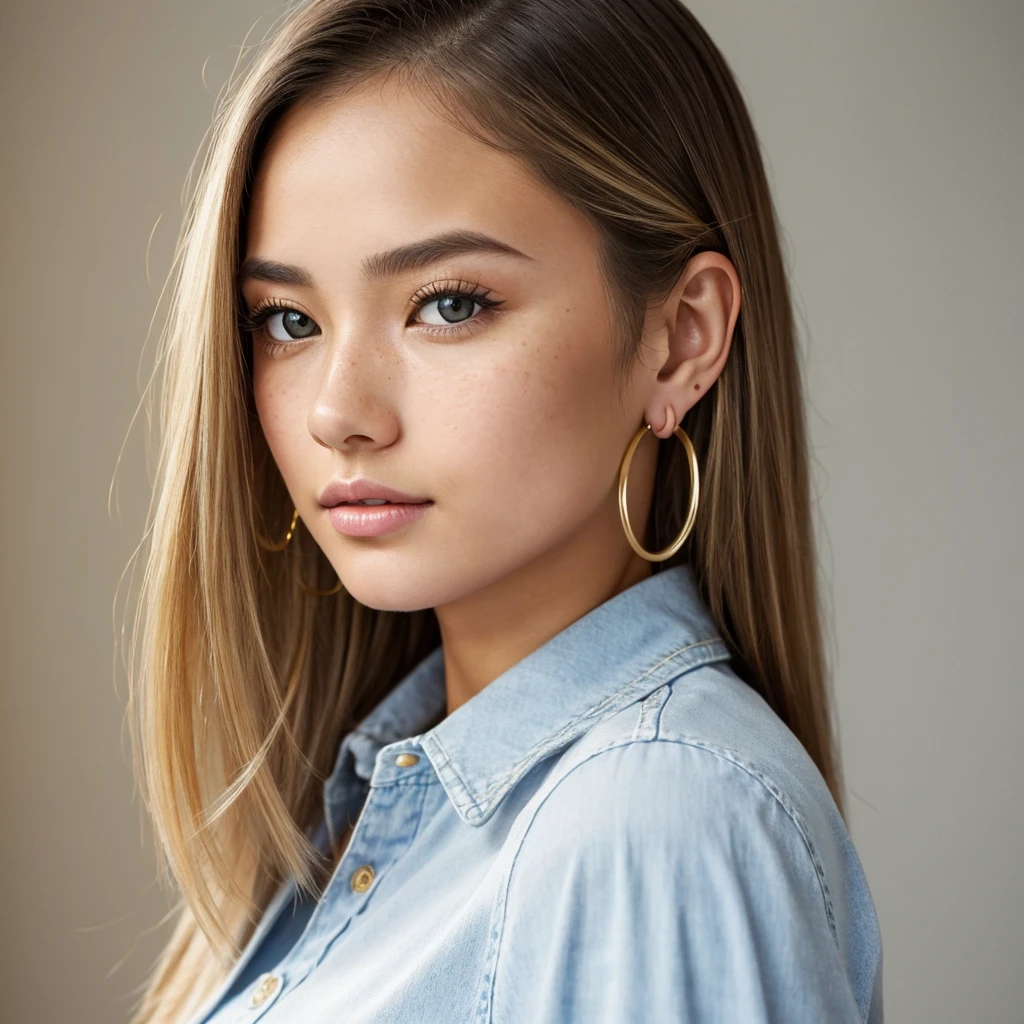 (masterpiece) A highly detailed and realistic portrait of a young 19-year-old woman named Lila Nakamura with a mixed Japanese and Northern European heritage, facing forward. She has thick, dark black eyeliner and glossy lips, with a cute, endearing expression. Her straight, beautiful blonde hair falls just past her shoulders, styled in a neat and polished manner with subtle blonde highlights. Her almond-shaped eyes are a striking light blue color, accentuated by subtle eyeshadow and mascara. Her skin has a light tone with a natural, fresh look, complemented by a few delicate freckles across her nose. She is wearing a simple, professional outfit: a white blouse and dark jeans, accessorized with small gold hoop earrings. The background is a neutral studio setting with soft lighting to highlight her features perfectly.