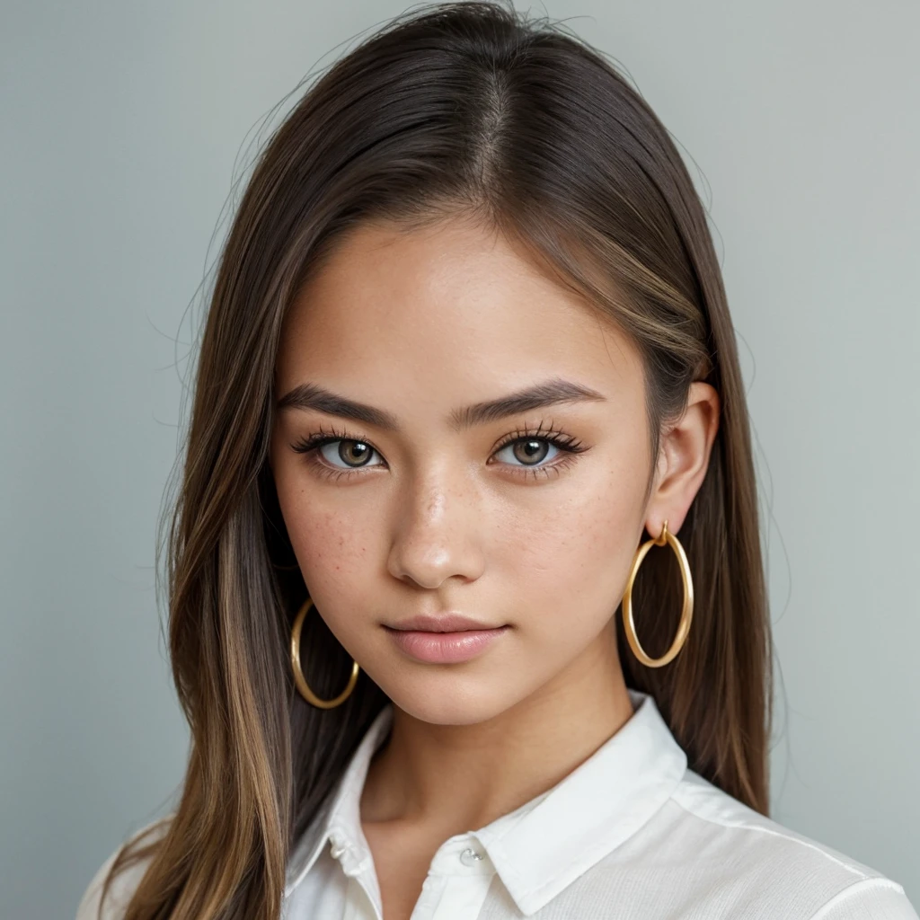 (masterpiece) A highly detailed and realistic portrait of a young 19-year-old woman named Lila Nakamura with a mixed Japanese and Northern European heritage, facing forward. She has thick, dark black eyeliner and glossy lips, with a cute, endearing expression. Her straight, beautiful blonde hair falls just past her shoulders, styled in a neat and polished manner with subtle blonde highlights. Her almond-shaped eyes are a striking light blue color, accentuated by subtle eyeshadow and mascara. Her skin has a light tone with a natural, fresh look, complemented by a few delicate freckles across her nose. She is wearing a simple, professional outfit: a white blouse and dark jeans, accessorized with small gold hoop earrings. The background is a neutral studio setting with soft lighting to highlight her features perfectly.