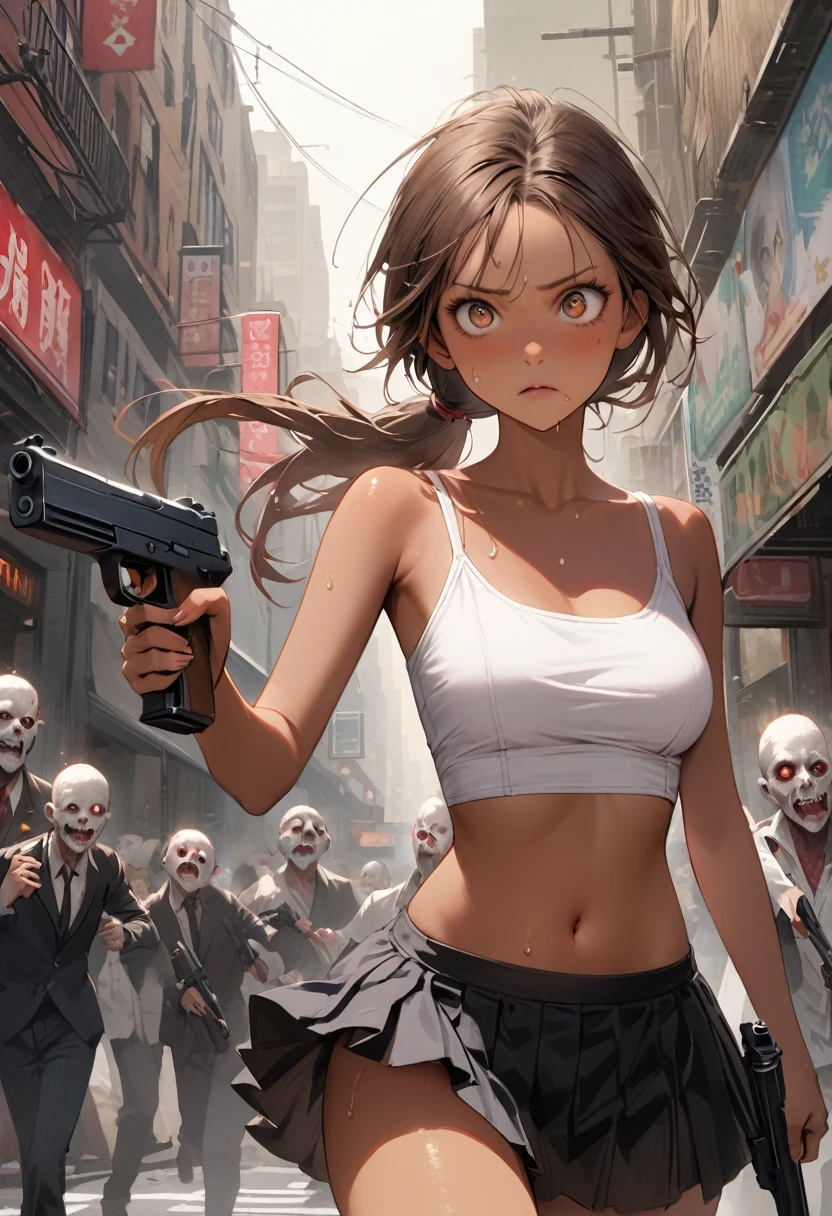 Dynamic action scenes、Woman shooting down zombieasterpiece,Highest quality:1.3,best quality illustration)),(realistic),cowboy shot,独奏,1woman,25 year old beauty,brown hair,(low ponytail hair),long hair,bangs,brown eyes,(gorgeous big eyes),((very small head:1.3)),Serious expression,((very long body:1.2,skinny)),((tan skin:1.4)),medium breasts,Black leather double rider jacket、White tube top shirt、navel,Black pleated mini skirt,((Hold a gun、Shoot a gun:1.3)),gleaming skin,slender body,sweat,(Multiple zombies roaming around)、on street,New York City、Resident Evil World、