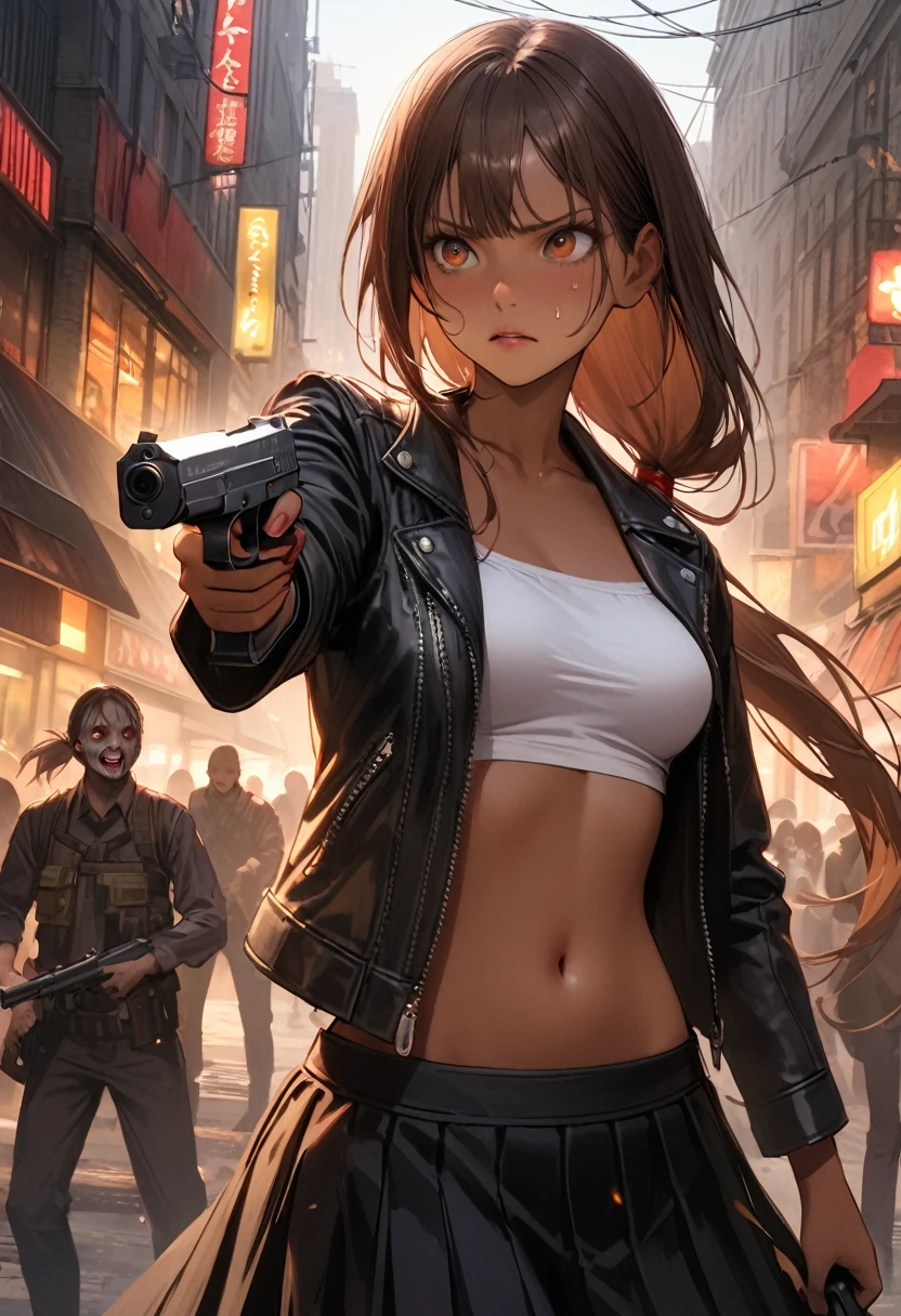 Dynamic action scenes、Woman shooting down zombieasterpiece,Highest quality:1.3,best quality illustration)),(realistic),cowboy shot,独奏,1woman,25 year old beauty,brown hair,(low ponytail hair),long hair,bangs,brown eyes,(gorgeous big eyes),((very small head:1.3)),Serious expression,((very long body:1.2,skinny)),((tan skin:1.4)),medium breasts,Black leather double rider jacket、White tube top shirt、navel,Black pleated mini skirt,((Hold a gun、Shoot a gun:1.3)),gleaming skin,slender body,sweat,(Multiple zombies roaming around)、on street,New York City、Resident Evil World、