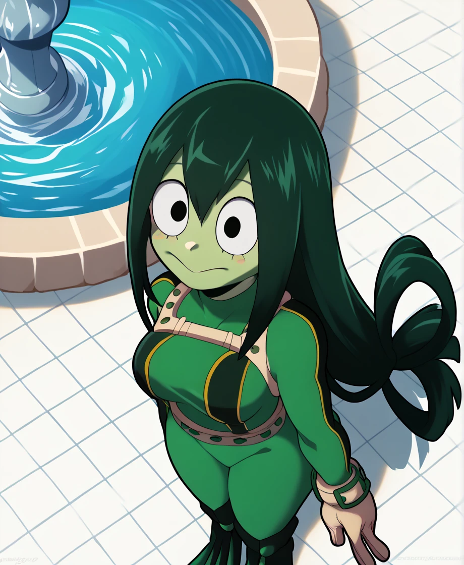 score_9_above, score_8_above, score_7_above, cowboy shot, 1 girl, asui tsuyu\(Boku no hero academia\), green fur, very long hair, Long hair tied low, tied hair, black eyes, Wide hips, medium breasts, smiling, 
, fountain_cheered up, cheered up style