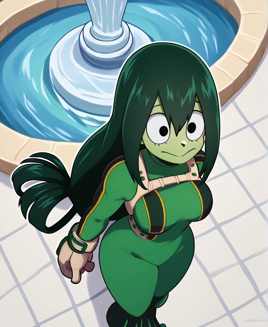 score_9_above, score_8_above, score_7_above, cowboy shot, 1 girl, asui tsuyu\(Boku no hero academia\), green fur, very long hair, Long hair tied low, tied hair, black eyes, Wide hips, medium breasts, smiling, 
, fountain_cheered up, cheered up style