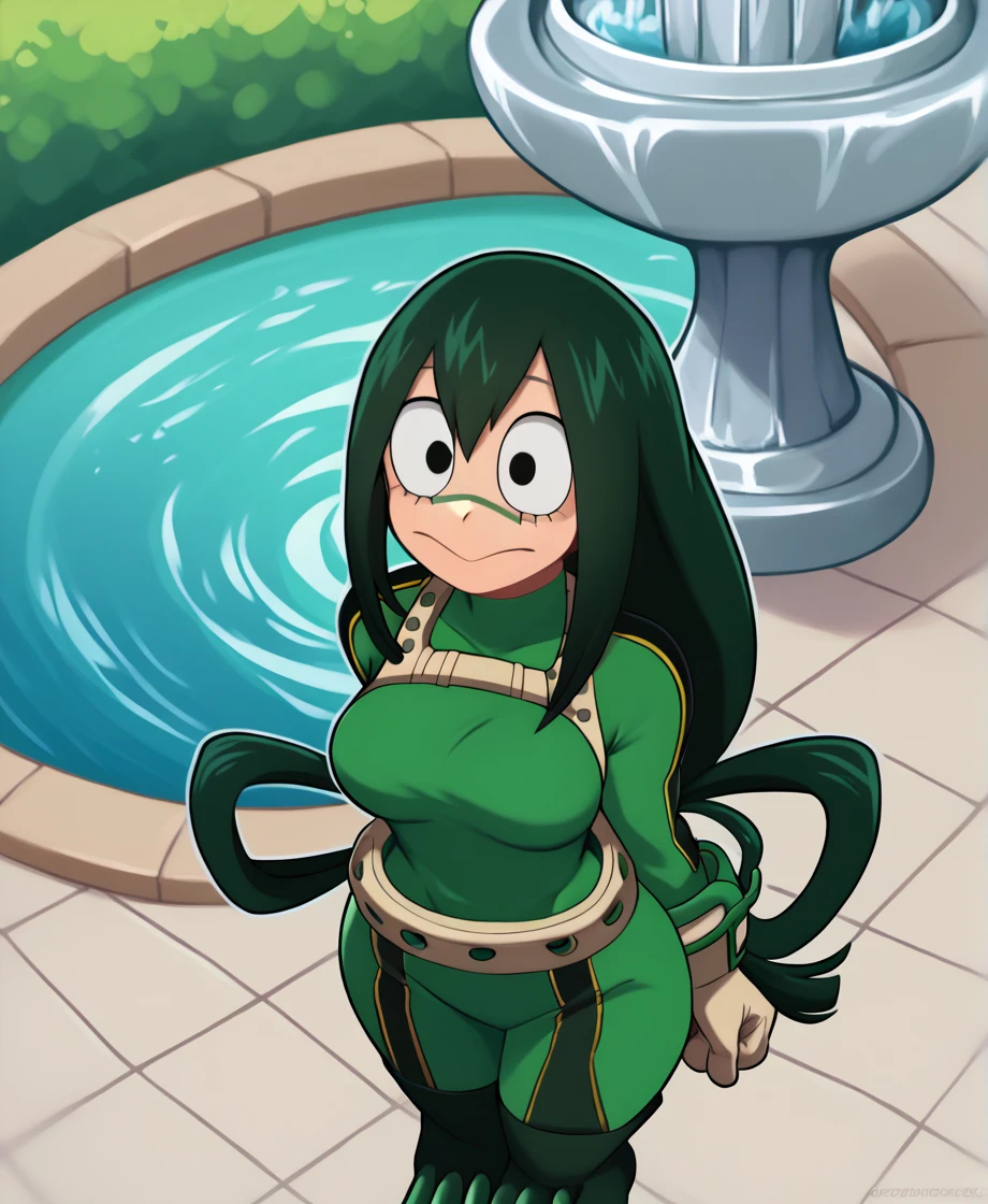 score_9_above, score_8_above, score_7_above, cowboy shot, 1 girl, asui tsuyu\(Boku no hero academia\), green fur, very long hair, Long hair tied low, tied hair, black eyes, Wide hips, medium breasts, smiling, 
, fountain_cheered up, cheered up style