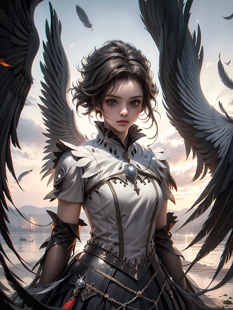 masterpiece, Angel Girl, young,12 years old,Brunette with wings, White dress with feathers, Close-up portrait, Delicate face, Lots of black feathers, silver,Black Wings
