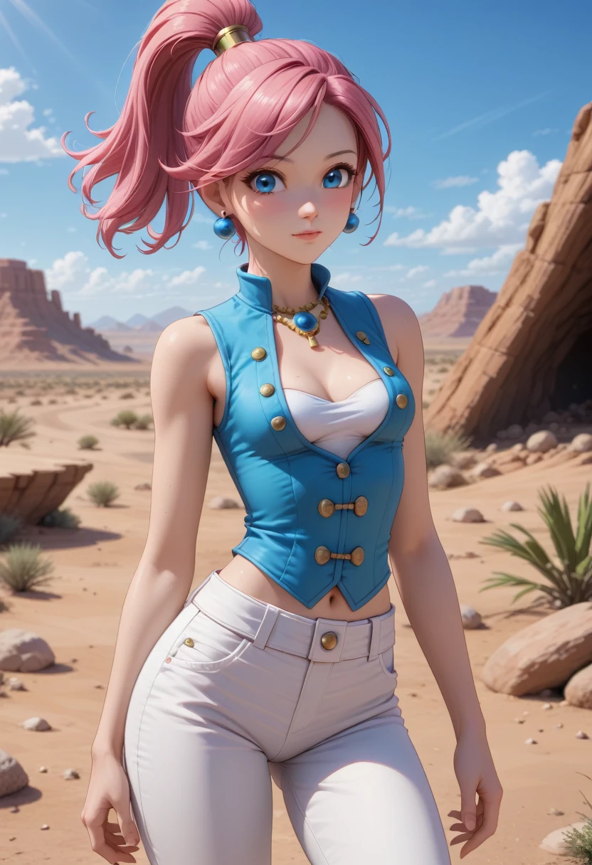 1girl, solo, female merchant, dragon quest 3, blue earrings, blue vest, short hair, pink hair, top knot, ponytail, small breasts, sexy, white shirt, puffy white pants, bare shoulders, cleavage, desert, masterpiece quality, intricate detail, 4k resolution, ultra hd