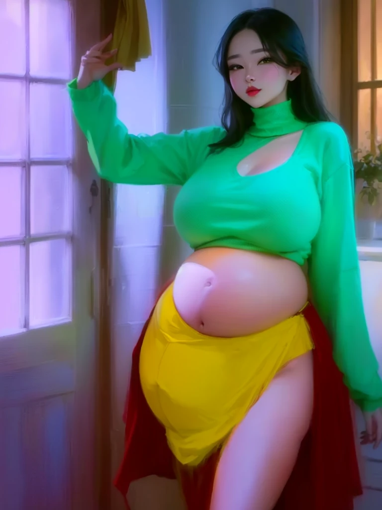 pregnant woman in a green top and yellow skirt posing for a photo, she has a round and big belly, thick, her navel is exposed, aesthetic!!!!!! female genius, with yellow fabrics, y 2 k Cutecore Clowncore, visible belly, Super, inspired by Russell Dongjun Lu, inspired by Yanjun Cheng, 8k))