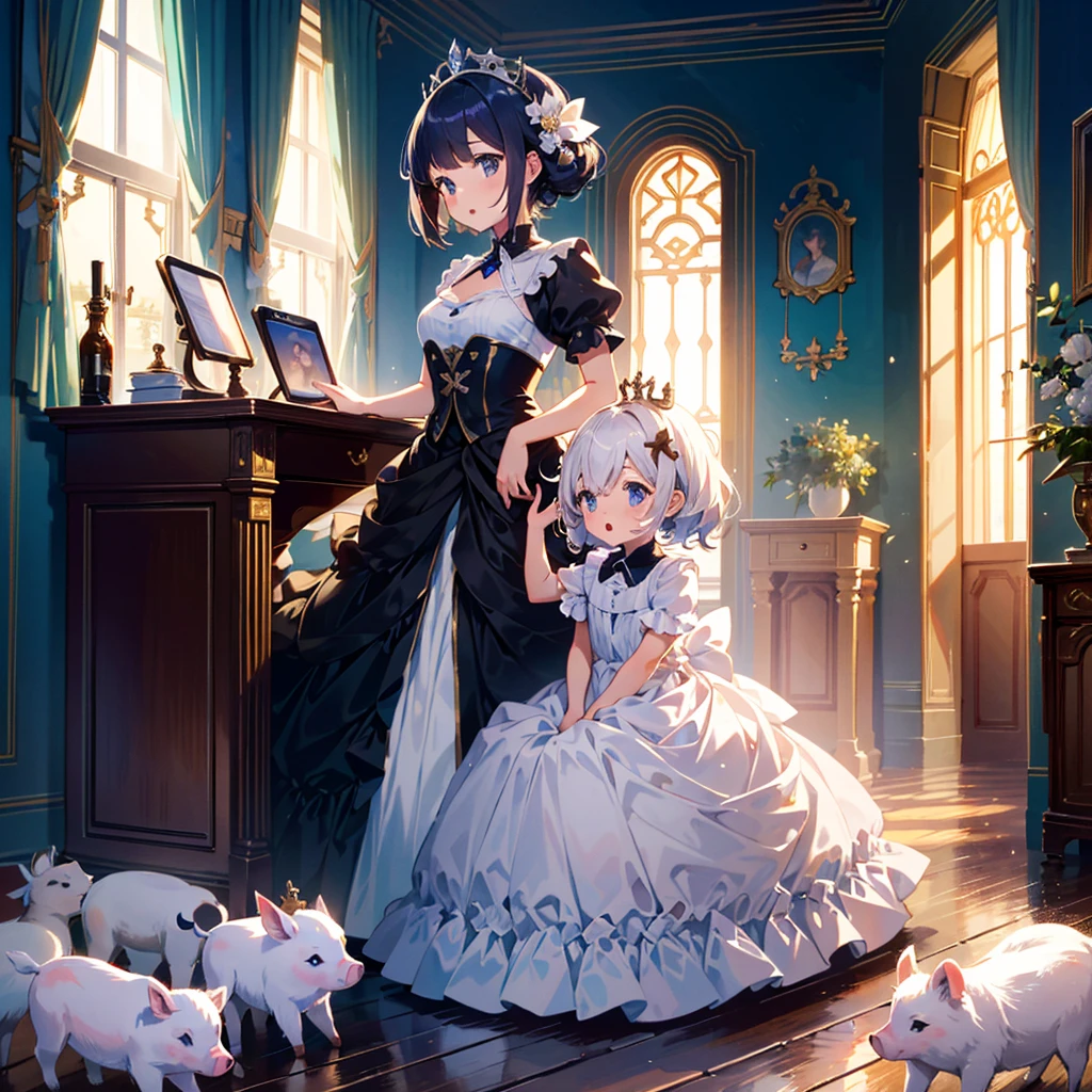 Masterpiece, highest quality, high resolution background, bright and beautiful atmosphere, 3 girls (, 1 short-tempered round face), 1 child) (hair, surface effects), small breasts, princess style, beautiful crown , the princess's luxurious room, a girl sitting on a chair, mini pigs wearing beautiful clothes, mini pigs lining up, "deltamon_sdXL :0.73) >Deltamon