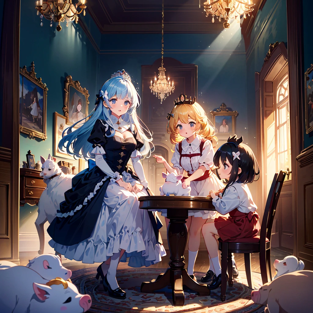 Masterpiece, highest quality, high resolution background, bright and beautiful atmosphere, 3 girls (2 years old, 1 short-tempered round face), 1 child) (hair, surface effects), small breasts, princess style, beautiful crown , the princess's luxurious room, a girl sitting on a chair, mini pigs wearing beautiful clothes, mini pigs lining up, "deltamon_sdXL :0.73) >Deltamon