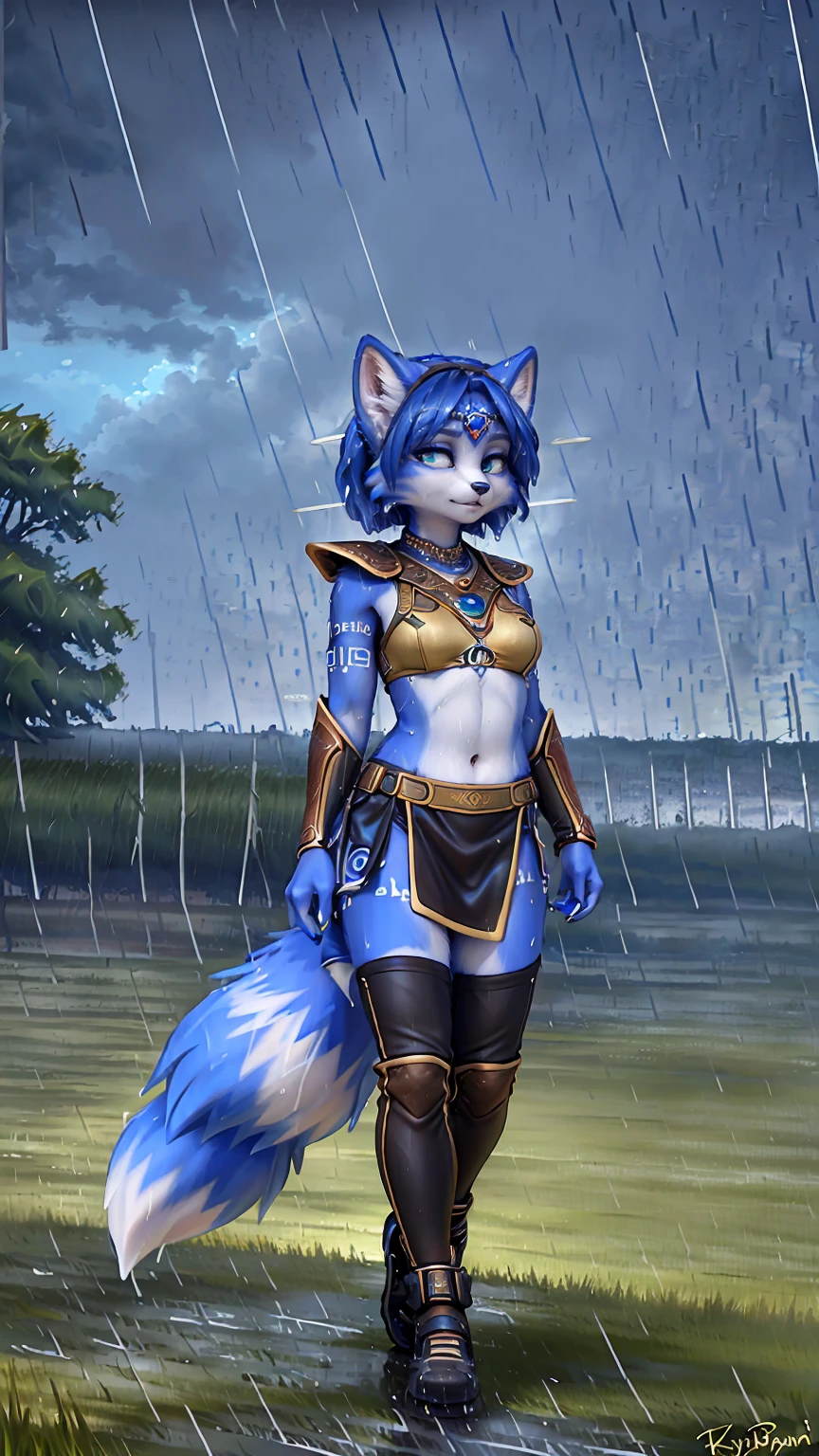 A beautiful and detailed (sweet picture) of ((Krystal)), Star Fox Krystal, green eyes, medium breasts, (((Long blue hair 1.3))), anthro, furry, (of Fluff-Kevlar, Bayard Wu, Personalami, Pino Daeni), detailed fluffy fur, detailed face, (fluffy), 1 girl, alone, hair cover one eye:1.4, (((stands in the rain:1.4))), Heavy rain, storm, (((walks across a field of tall grass :1.3))), (((looks at the sky:1.4))), has a thoughtful facial expression, to see from the side, to see in profile, wears tribal clothing with leather armor, wears tribal top with leather armor