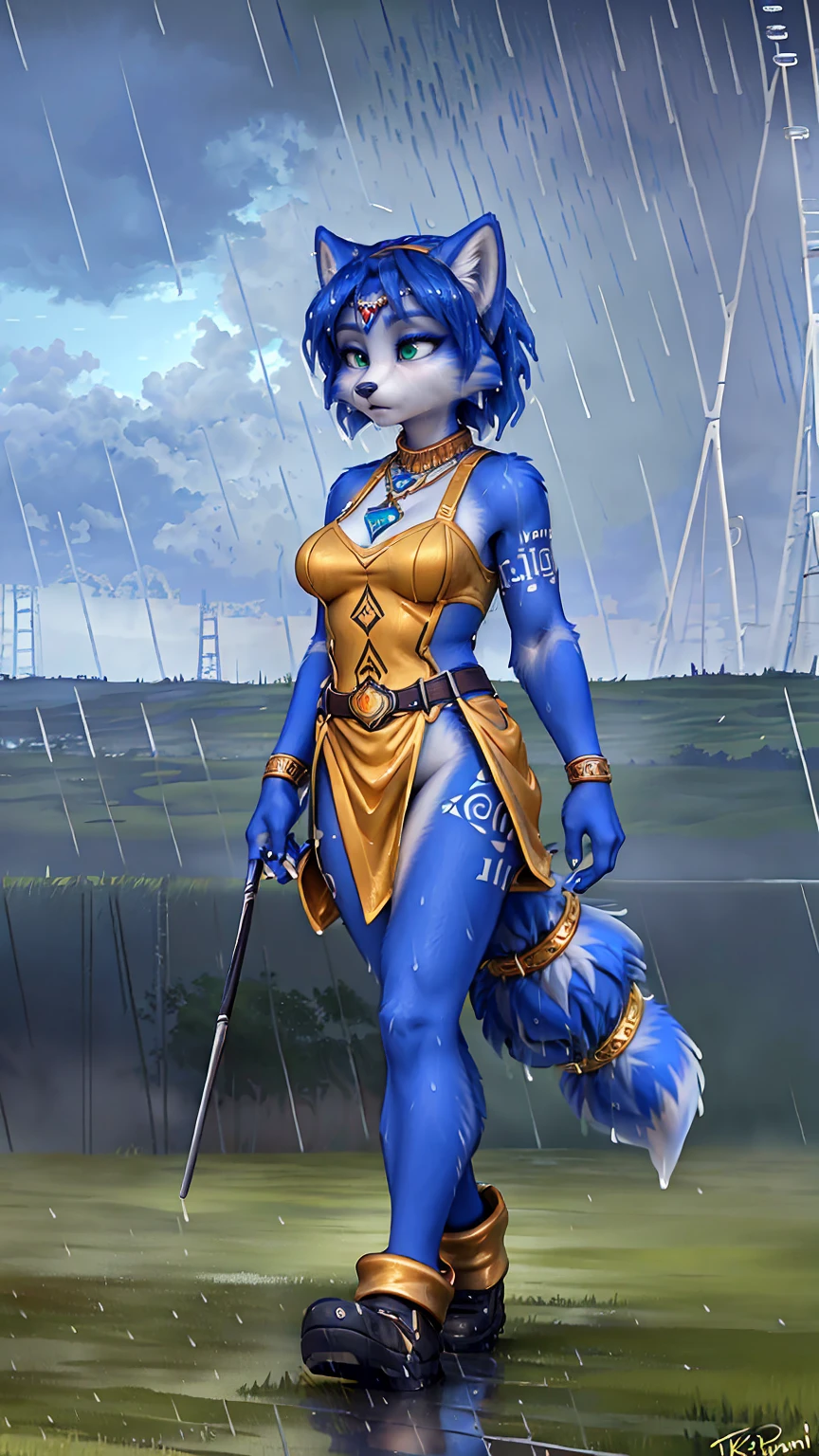 A beautiful and detailed (sweet picture) of ((Krystal)), Star Fox Krystal,  green eyes, medium breasts, (((Long blue hair 1.3))),  anthro, furry, (of Fluff-Kevlar, Bayard Wu, Personalami, Pino Daeni),  detailed fluffy fur, detailed face, (fluffy), 1 girl, alone, hair cover one eye:1.4, (((stands in the rain:1.4))), Heavy rain, storm, (((walks across a field of tall grass :1.3))), (((looks at the sky:1.4))), has a thoughtful facial expression, to see from the side, to see in profile, wears tribal clothing with leather armor, wears tribal top with leather armor