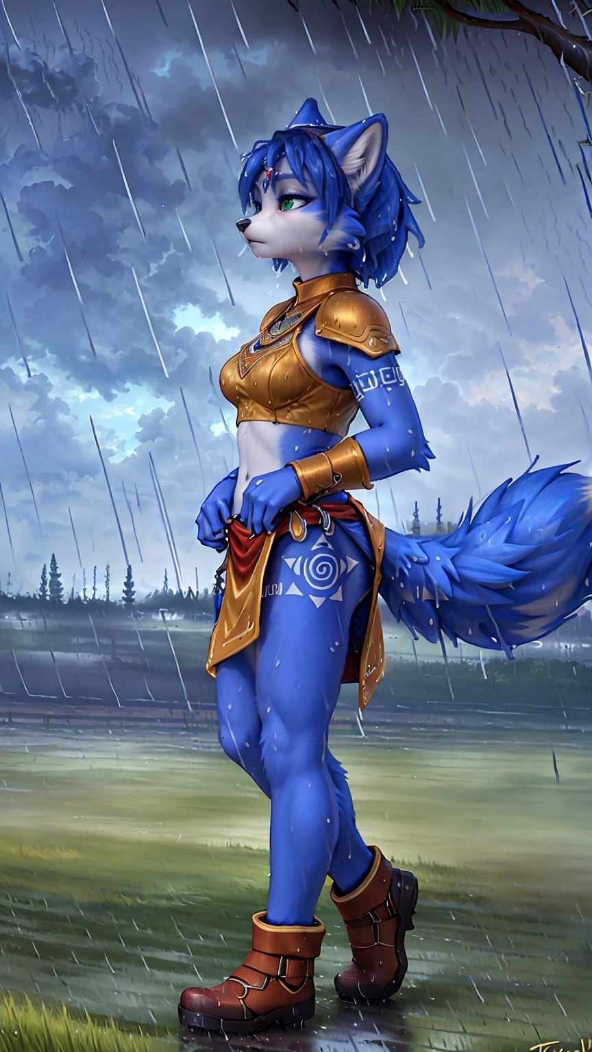 A beautiful and detailed (sweet picture) of ((Krystal)), Star Fox Krystal,  green eyes, medium breasts, (((Long blue hair 1.3))),  anthro, furry, (of Fluff-Kevlar, Bayard Wu, Personalami, Pino Daeni),  detailed fluffy fur, detailed face, (fluffy), 1 girl, alone, hair cover one eye:1.4, (((stands in the rain:1.4))), Heavy rain, storm, (((walks across a field of tall grass :1.3))), (((looks at the sky:1.4))), has a thoughtful facial expression, to see from the side, to see in profile, wears tribal clothing with leather armor, wears tribal top with leather armor