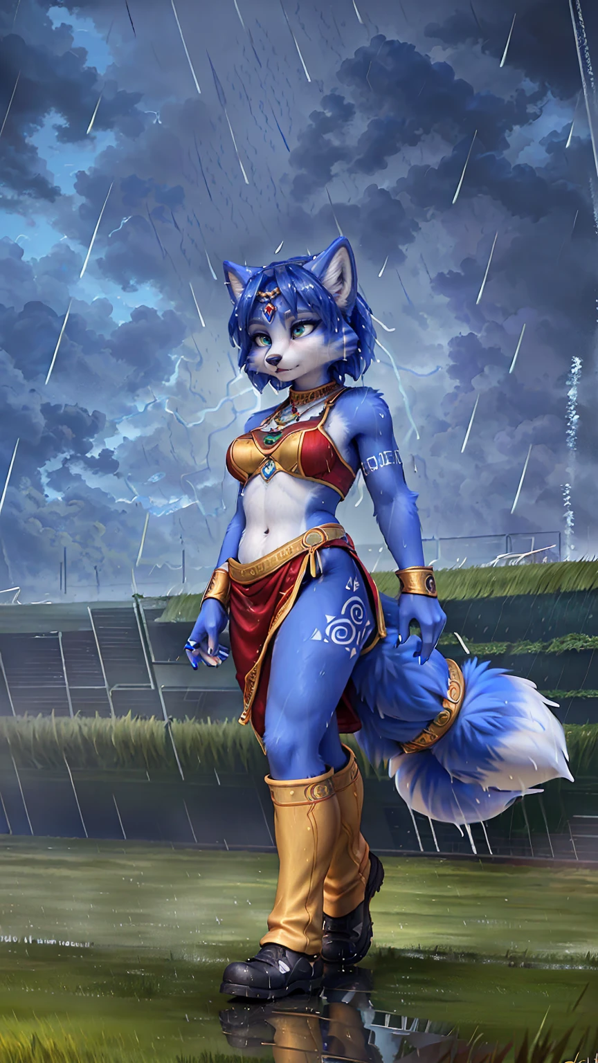 A beautiful and detailed (sweet picture) of ((Krystal)), Star Fox Krystal, green eyes, medium breasts, (((Long blue hair 1.3))), anthro, furry, (of Fluff-Kevlar, Bayard Wu, Personalami, Pino Daeni), detailed fluffy fur, detailed face, (fluffy), 1 girl, alone, hair cover one eye:1.4, (((stands in the rain:1.4))), Heavy rain, storm, (((walks across a field of tall grass :1.3))), (((looks at the sky:1.4))), has a thoughtful facial expression, to see from the side, to see in profile, wears tribal clothing with leather armor, wears tribal top with leather armor
