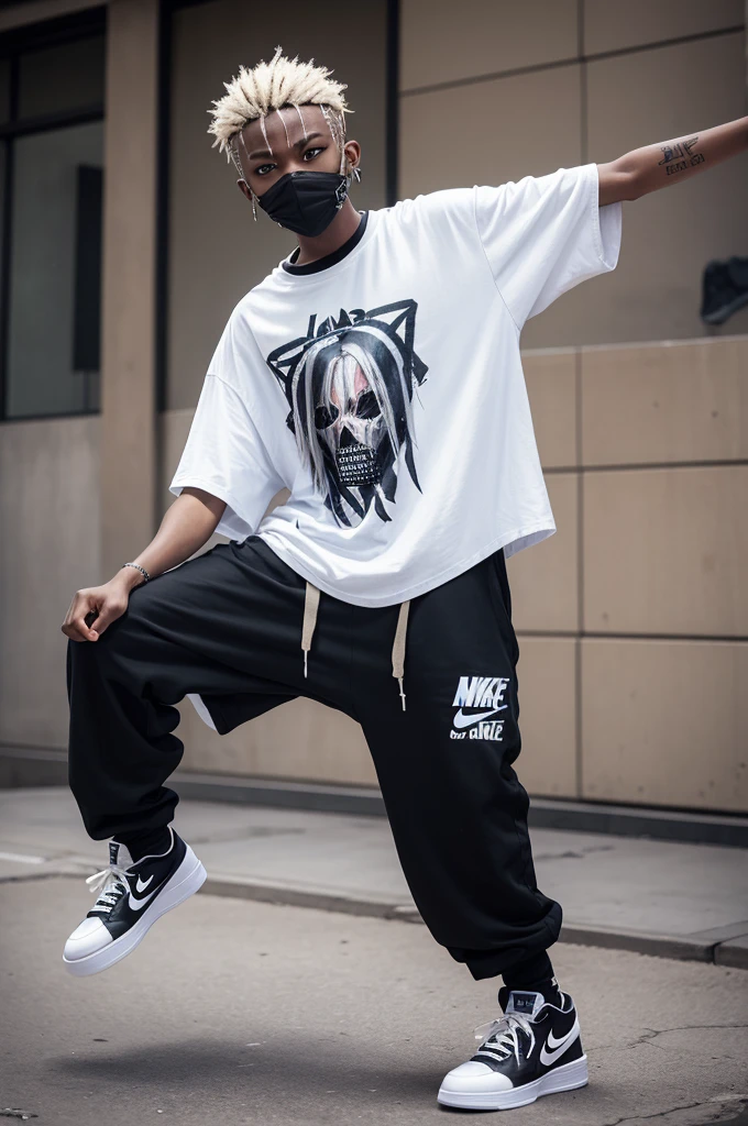 draw a boy with dark skin, platinum hair, doing a skateboard trick. He wears an oversized shirt printed with the slipknot band., and oversized pants with black Nike sneakers in 2d style