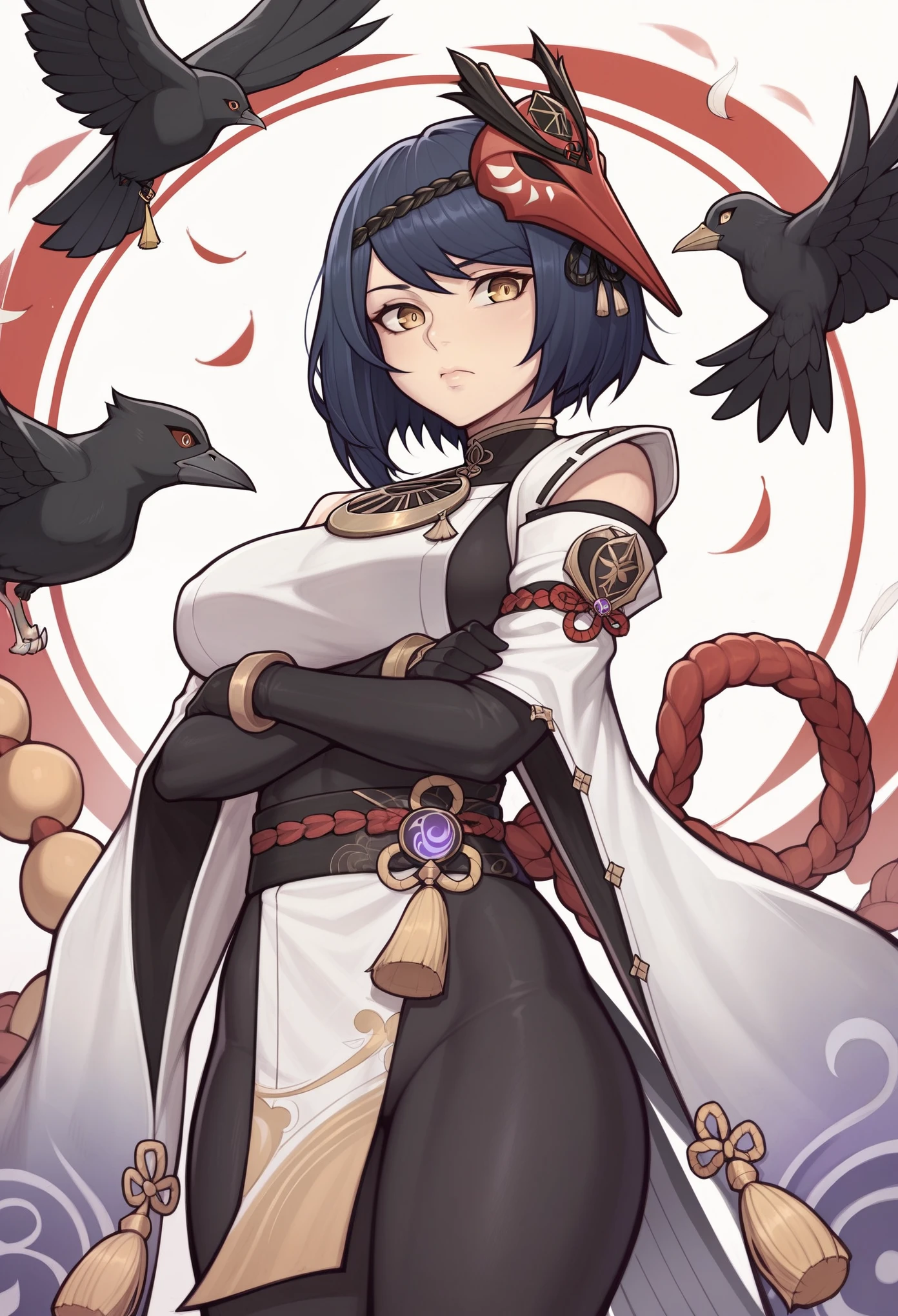 _asura style, 1girl, kujou_sara, mask, yellow_eyes, solo, mask_on_head, bird, short_hair, breasts, crow, black_hair, gloves, vision_(genshin_impact), crossed_arms, feathers, japanese_clothes, looking_at_viewer, detached_sleeves, bangs, black_gloves, black_bodysuit, bodysuit, tassel, closed_mouth, wide_sleeves, sash, large_breasts