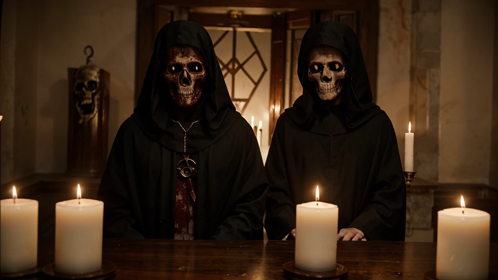 Three 20-year-old friends, inside the sect with blood and skull candles, people in dark robes