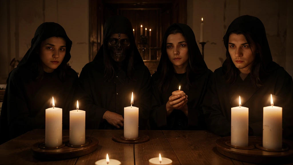 Three 20-year-old friends, inside the sect with blood and skull candles, people in dark robes